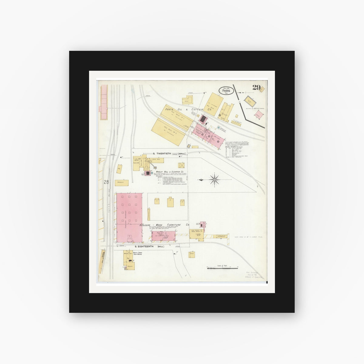 Old map wall art mockup — black gallery frame with white mat — Sanborn Fire Insurance Map from Paris, Lamar County, Texas (1908), Sheet #0029