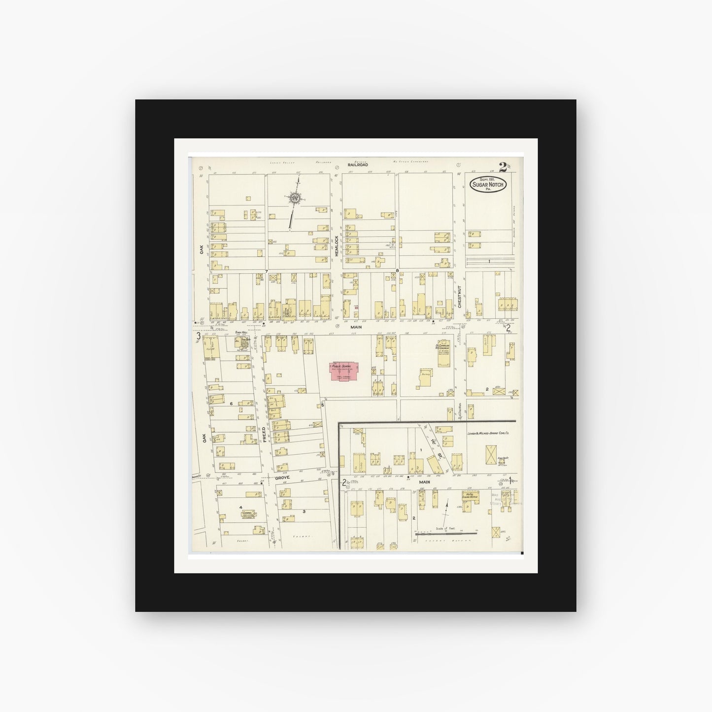 Old map wall art mockup — black gallery frame with white mat — Sanborn Fire Insurance Map from Sugar Notch, Luzerne County, Pennsylvania (1911), Sheet #0002