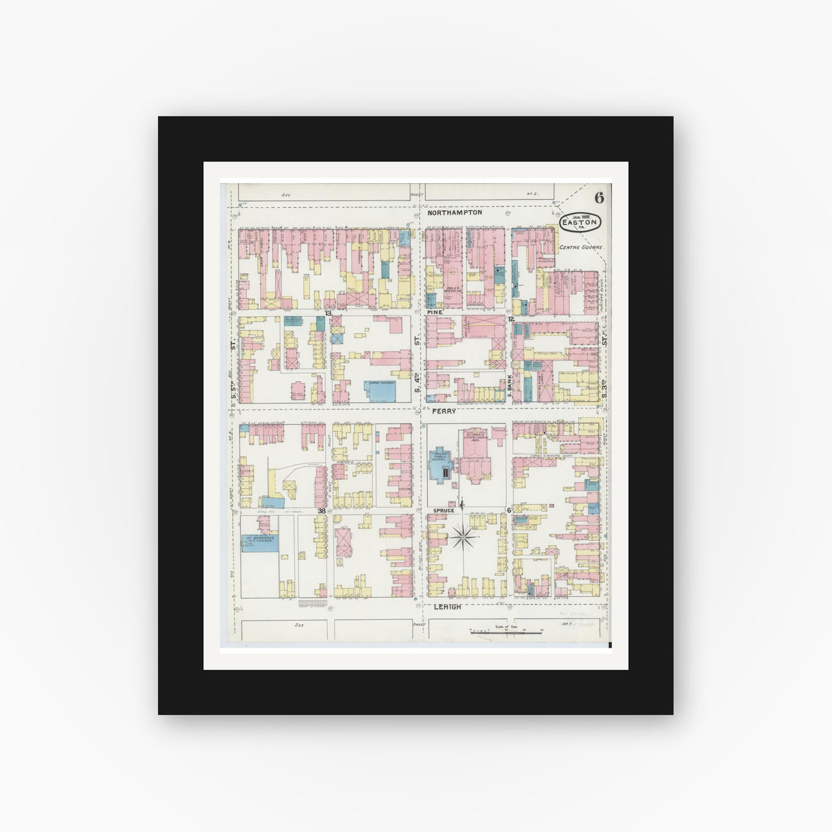 Old map wall art mockup — black gallery frame with white mat — Sanborn Fire Insurance Map from Easton, Northampton County, Pennsylvania (1892), Sheet #0006