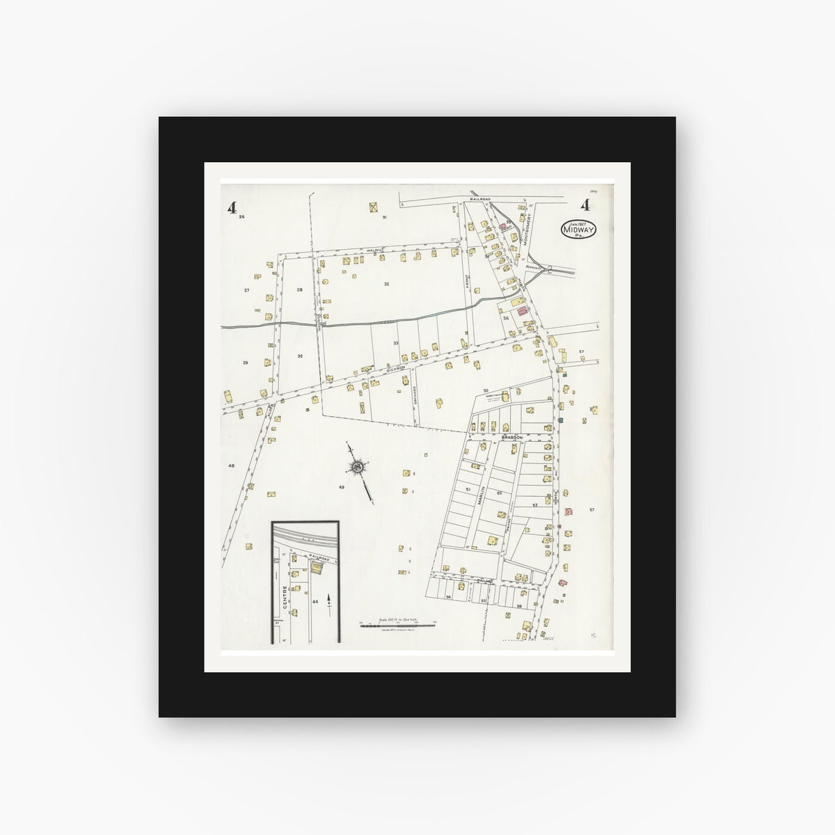 Old map wall art mockup — black gallery frame with white mat — Sanborn Fire Insurance Map from Midway, Washington County, Pennsylvania (1927), Sheet #0004
