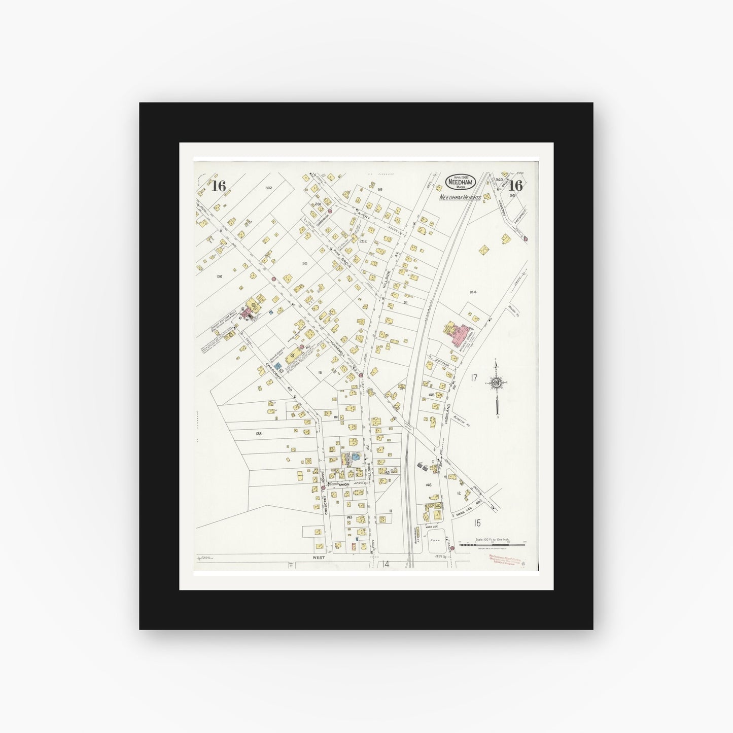 Old map wall art mockup — black gallery frame with white mat — Sanborn Fire Insurance Map from Needham, Norfolk County, Massachusetts (1926), Sheet #0016