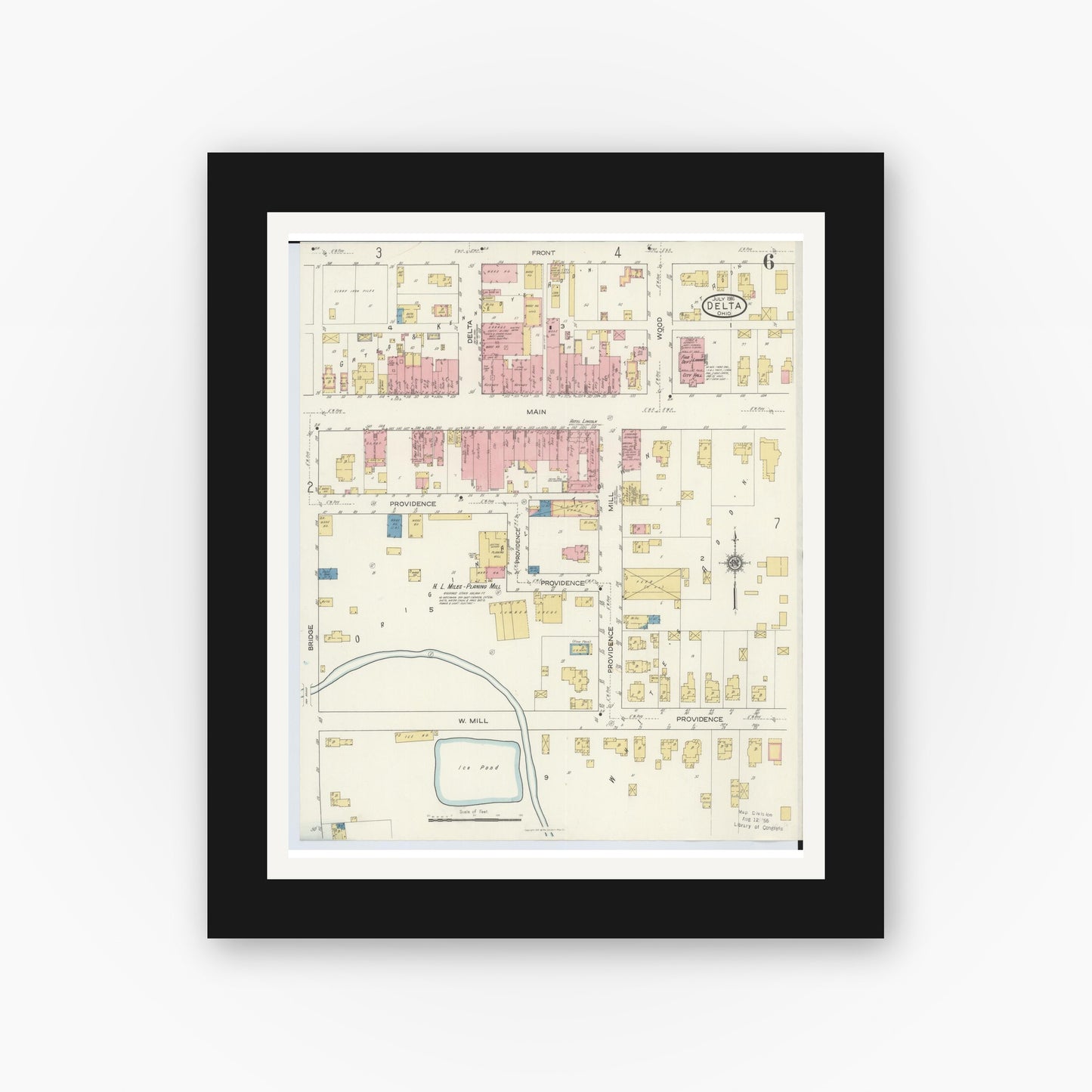 Old map wall art mockup — black gallery frame with white mat — Sanborn Fire Insurance Map from Delta, Fulton County, Ohio (1916), Sheet #0006