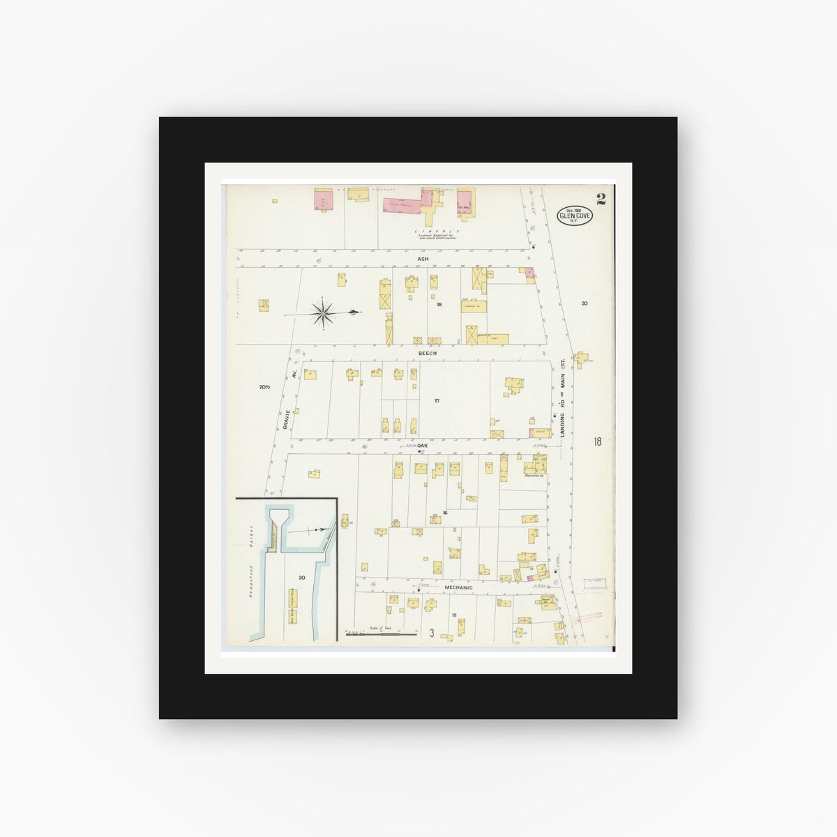 Old map wall art mockup — black gallery frame with white mat — Sanborn Fire Insurance Map from Glen Cove, Nassau County, New York (1908) - Complete Map Set