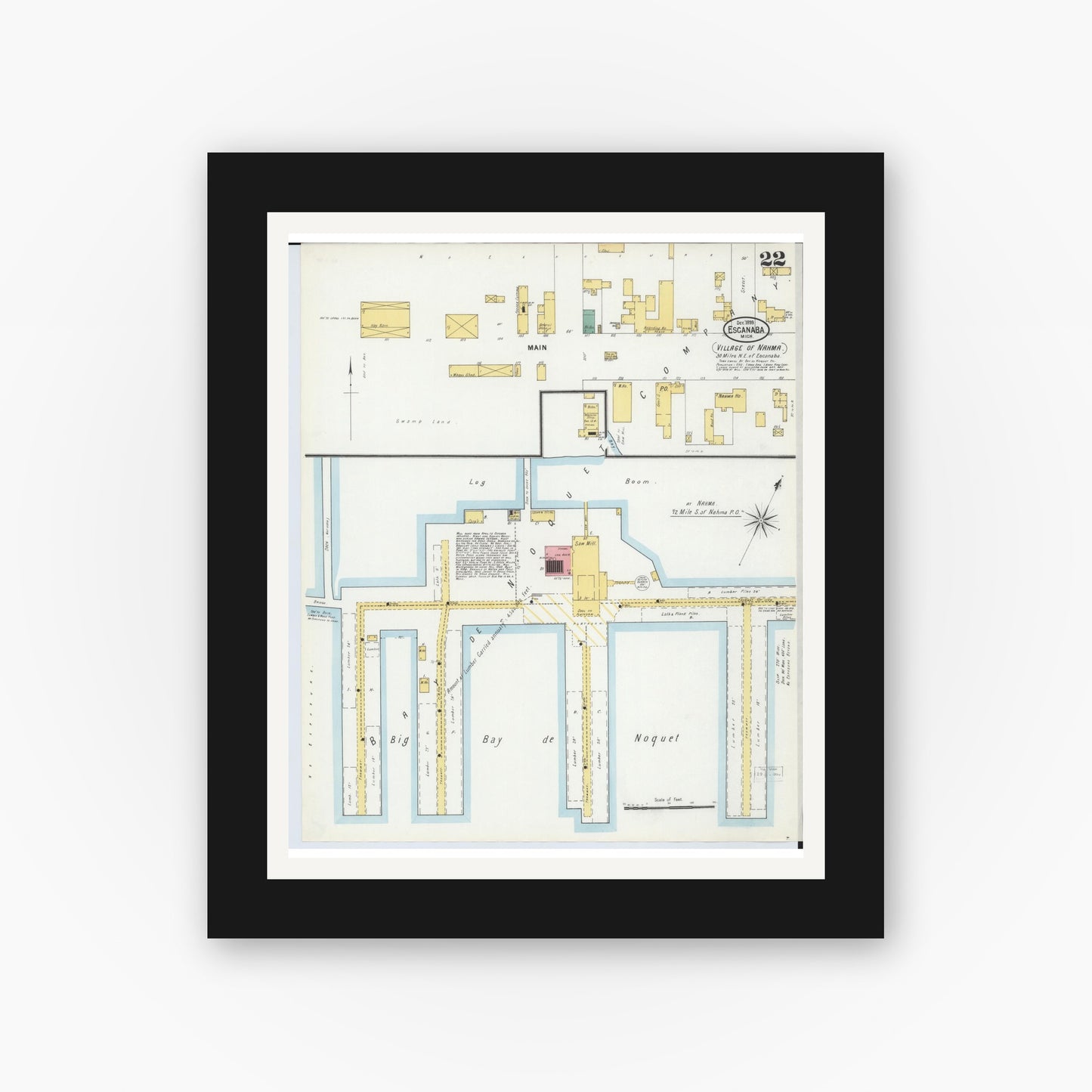 Old map wall art mockup — black gallery frame with white mat — Sanborn Fire Insurance Map from Escanaba, Delta County, Michigan (1899), Sheet #0022