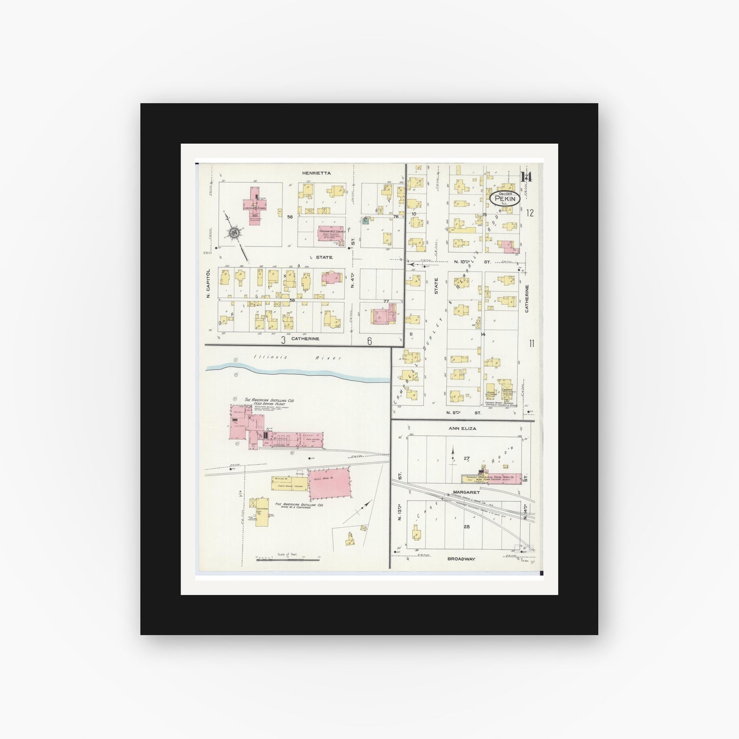 Old map wall art mockup — black gallery frame with white mat — Sanborn Fire Insurance Map from Pekin, Tazewell County, Illinois (1909), Sheet #0014