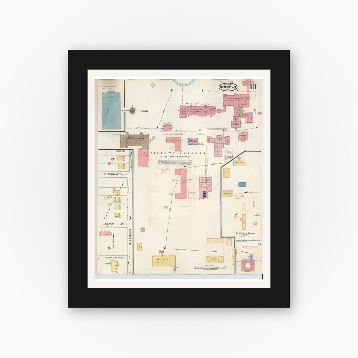 Old map wall art mockup — black gallery frame with white mat — Sanborn Fire Insurance Map from Rensselaer, Jasper County, Indiana (1942), Sheet #0013