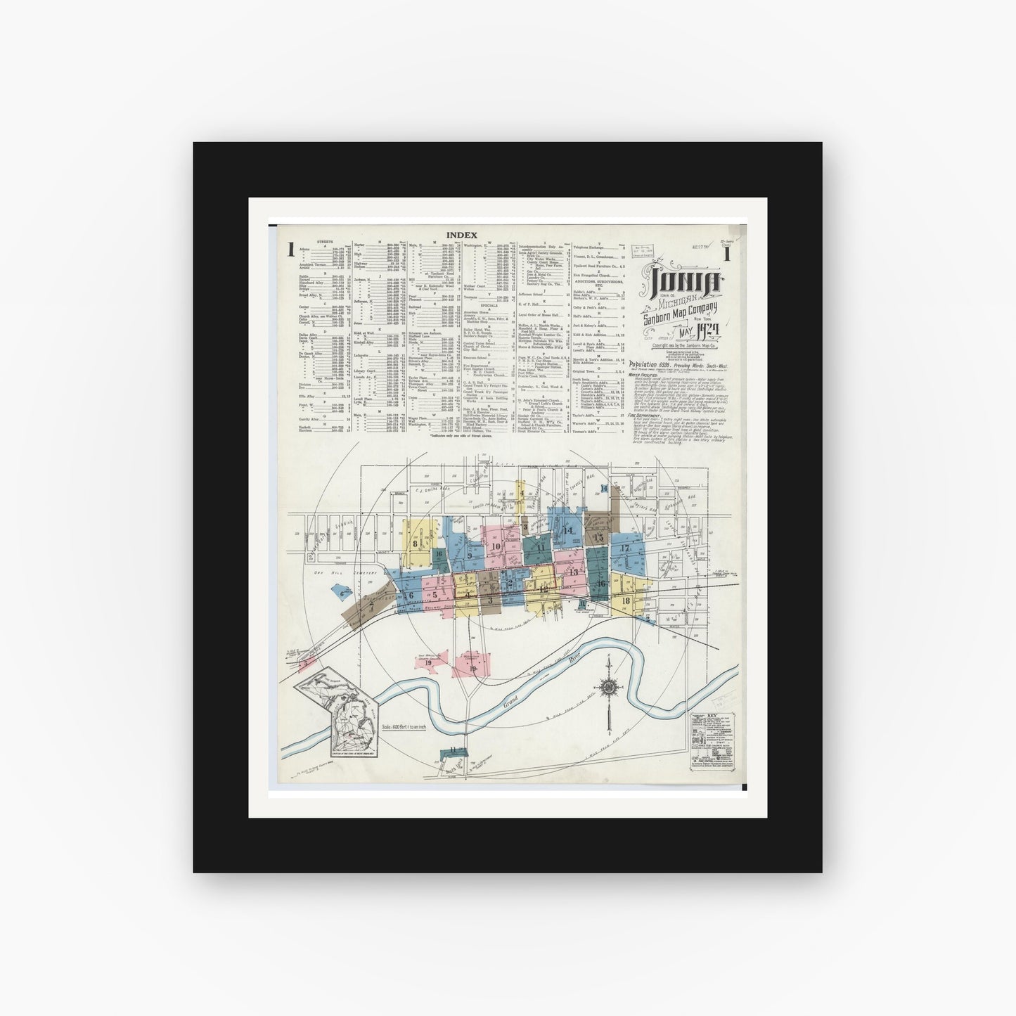 Old map wall art mockup — black gallery frame with white mat — Sanborn Fire Insurance Map from Ionia, Ionia County, Michigan (1924) - Complete Map Set