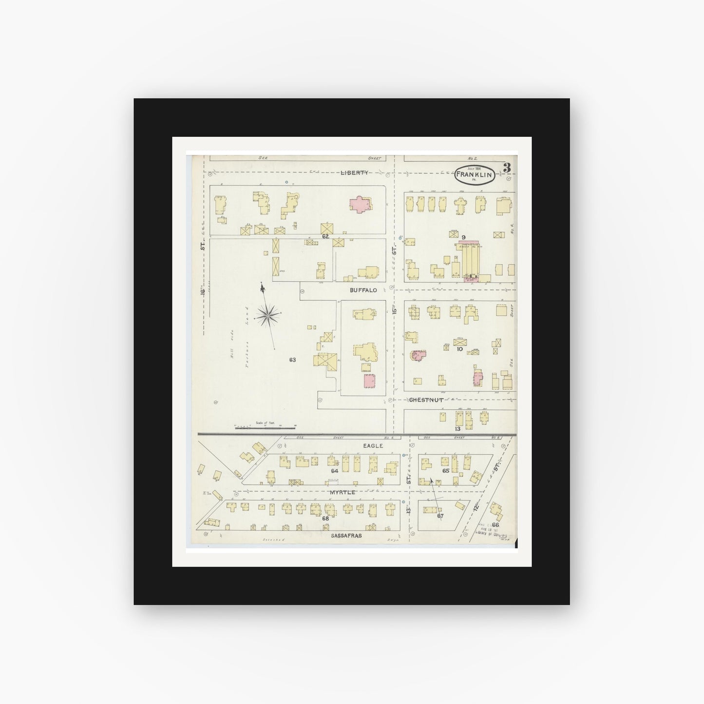 Old map wall art mockup — black gallery frame with white mat — Sanborn Fire Insurance Map from Franklin, Venango County, Pennsylvania (1891), Sheet #0003