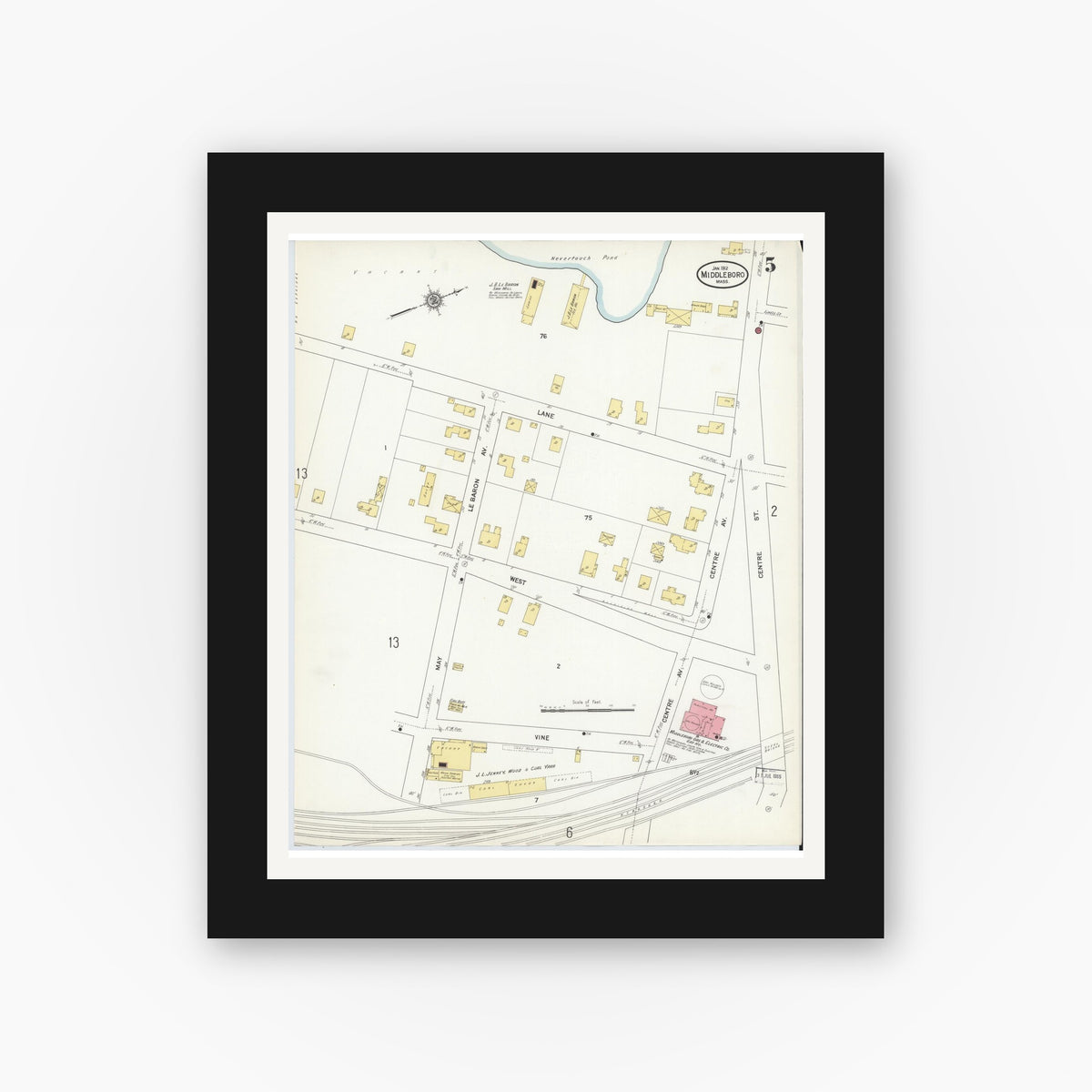 Old map wall art mockup — black gallery frame with white mat — Sanborn Fire Insurance Map from Middleboro, Plymouth County, Massachusetts (1912), Sheet #0005