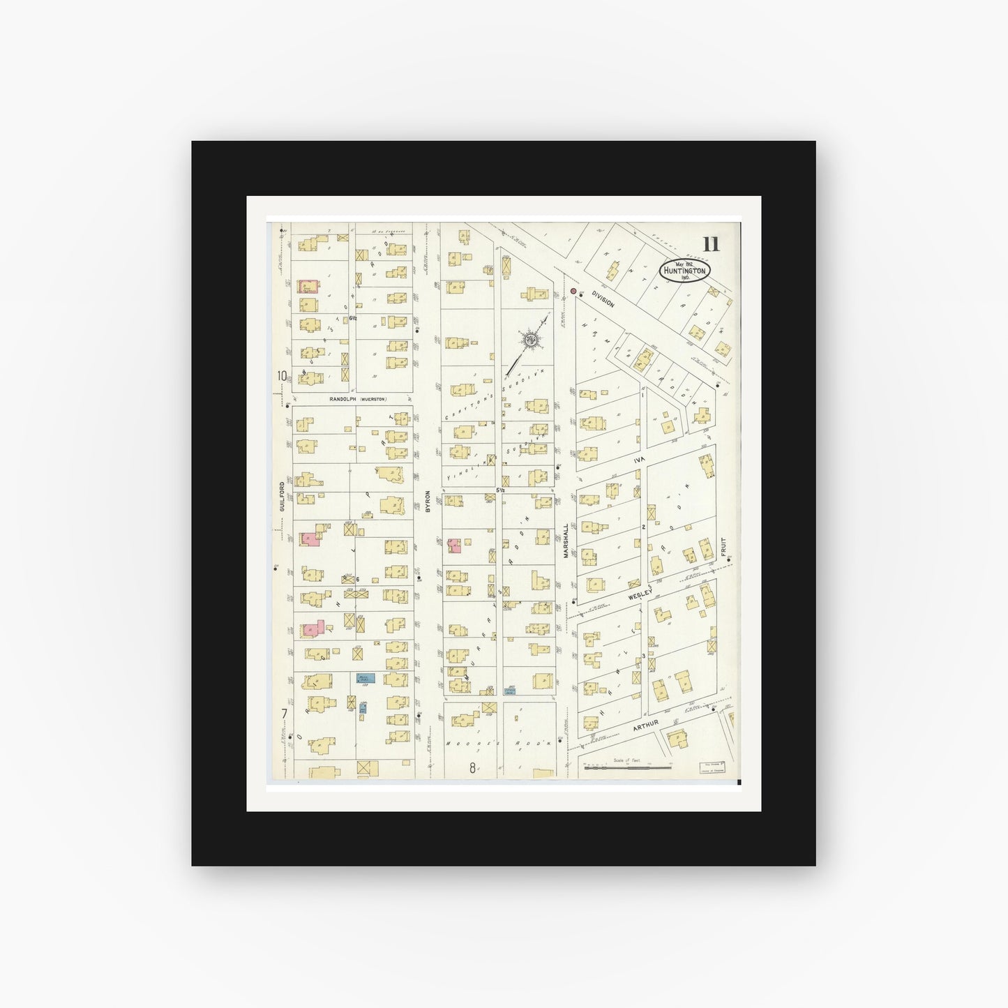 Old map wall art mockup — black gallery frame with white mat — Sanborn Fire Insurance Map from Huntington, Huntington County, Indiana (1912), Sheet #0011