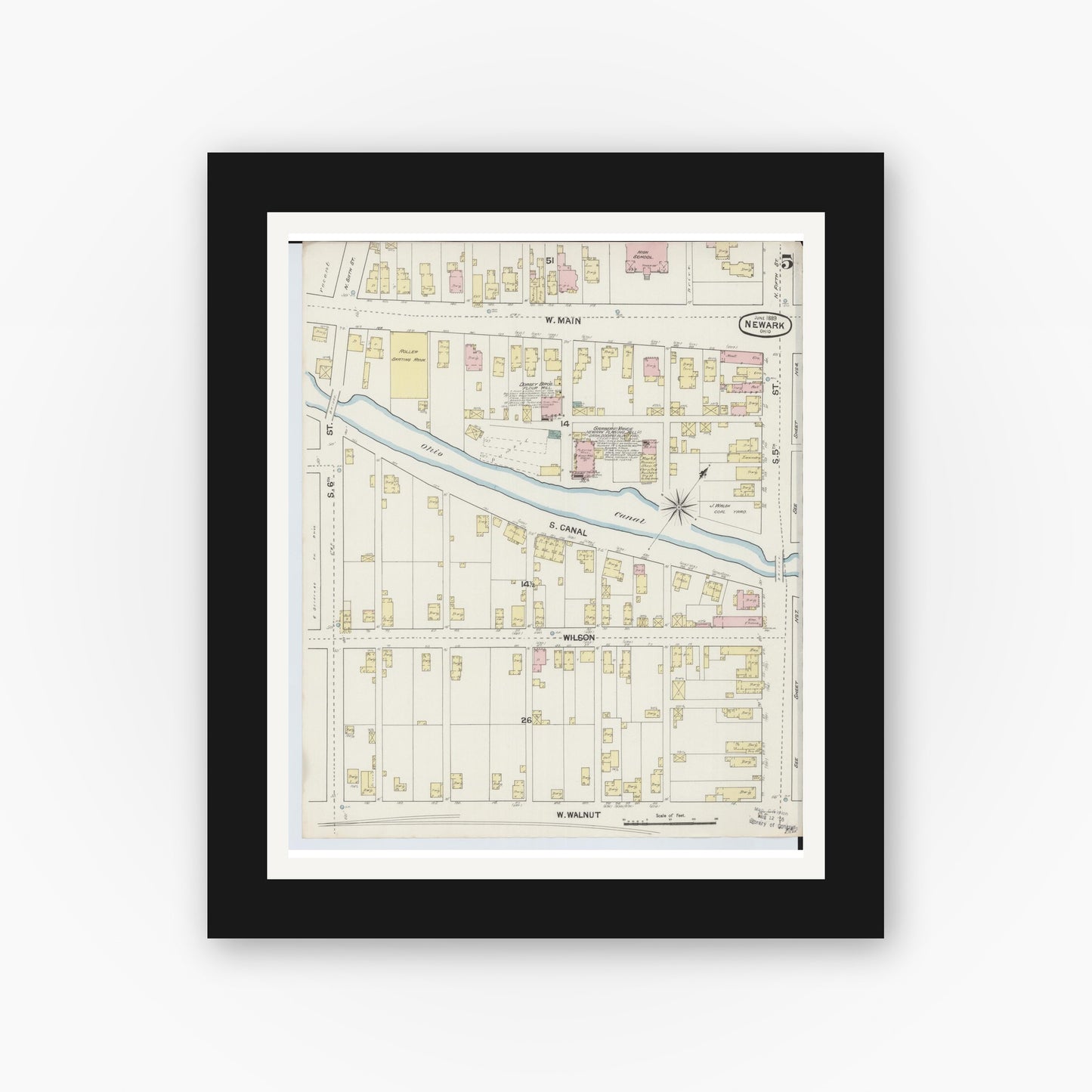 Old map wall art mockup — black gallery frame with white mat — Sanborn Fire Insurance Map from Newark, Licking County, Ohio (1889), Sheet #0005