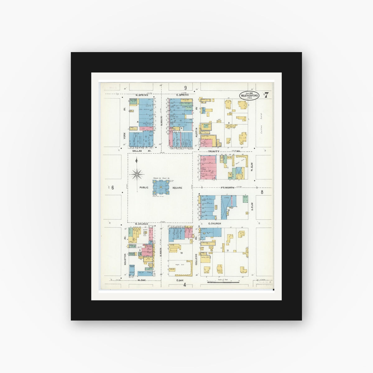 Old map wall art mockup — black gallery frame with white mat — Sanborn Fire Insurance Map from Weatherford, Parker County, Texas (1905), Sheet #0007