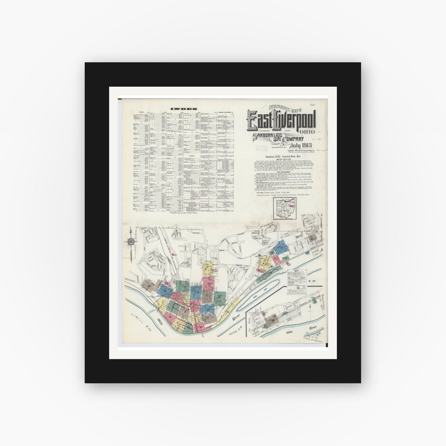 Old map wall art mockup — black gallery frame with white mat — Sanborn Fire Insurance Map from East Liverpool, Columbiana County, Ohio (1913) - Complete Map Set