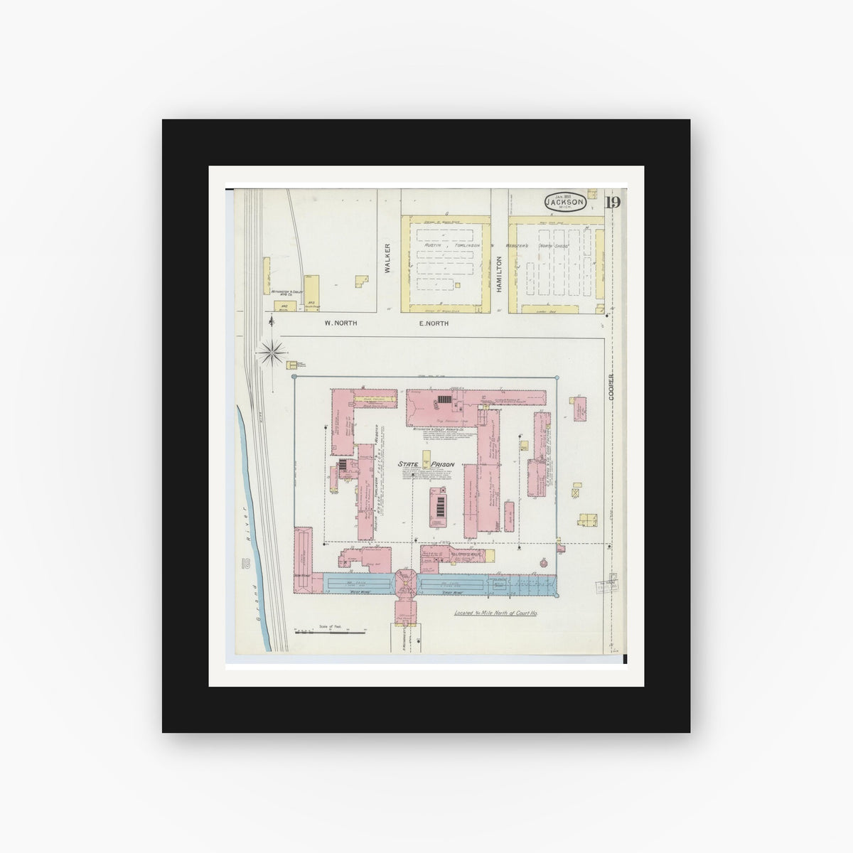 Old map wall art mockup — black gallery frame with white mat — Sanborn Fire Insurance Map from Jackson, Jackson County, Michigan (1893), Sheet #0019
