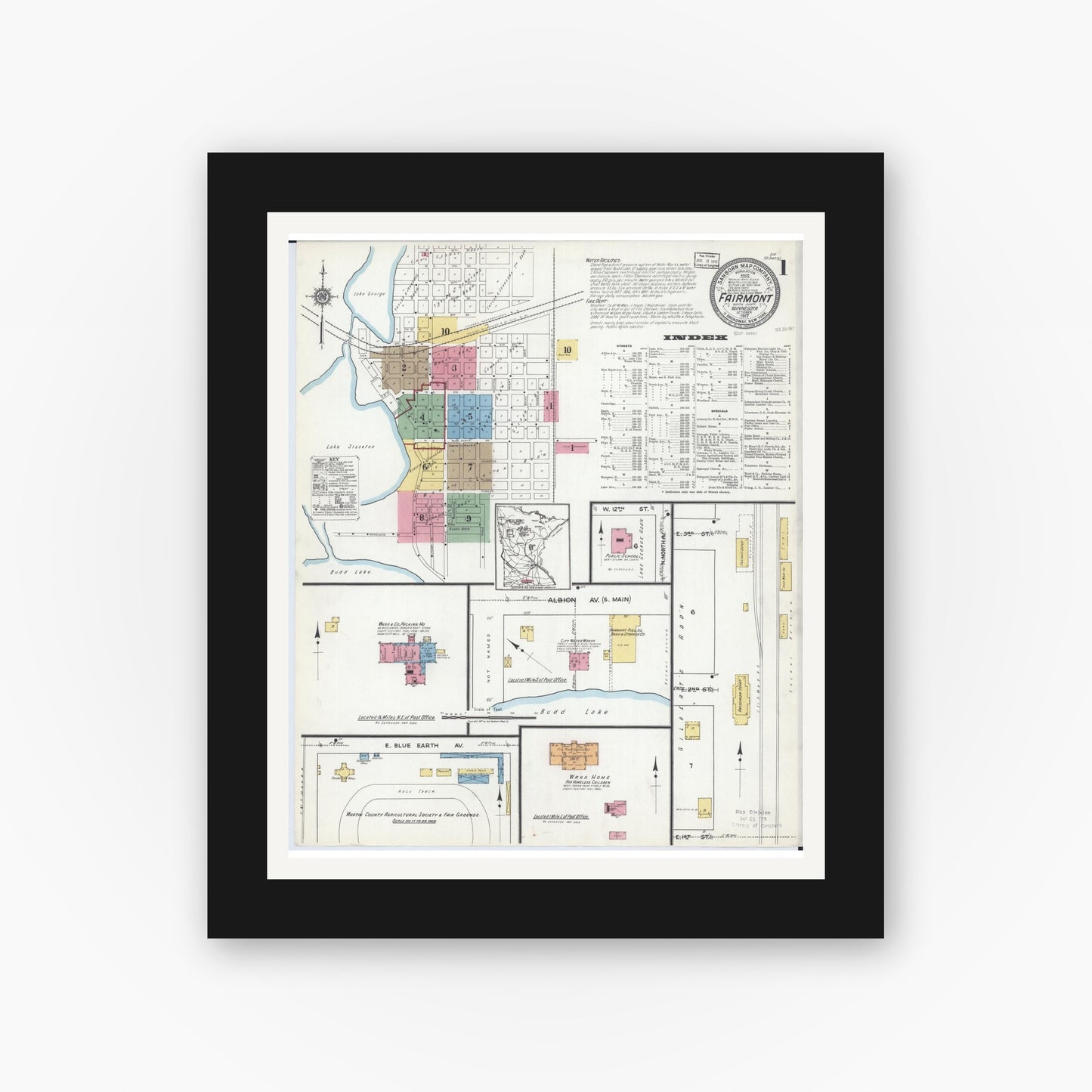Old map wall art mockup — black gallery frame with white mat — Sanborn Fire Insurance Map from Fairmont, Martin County, Minnesota (1917), Sheet #0001