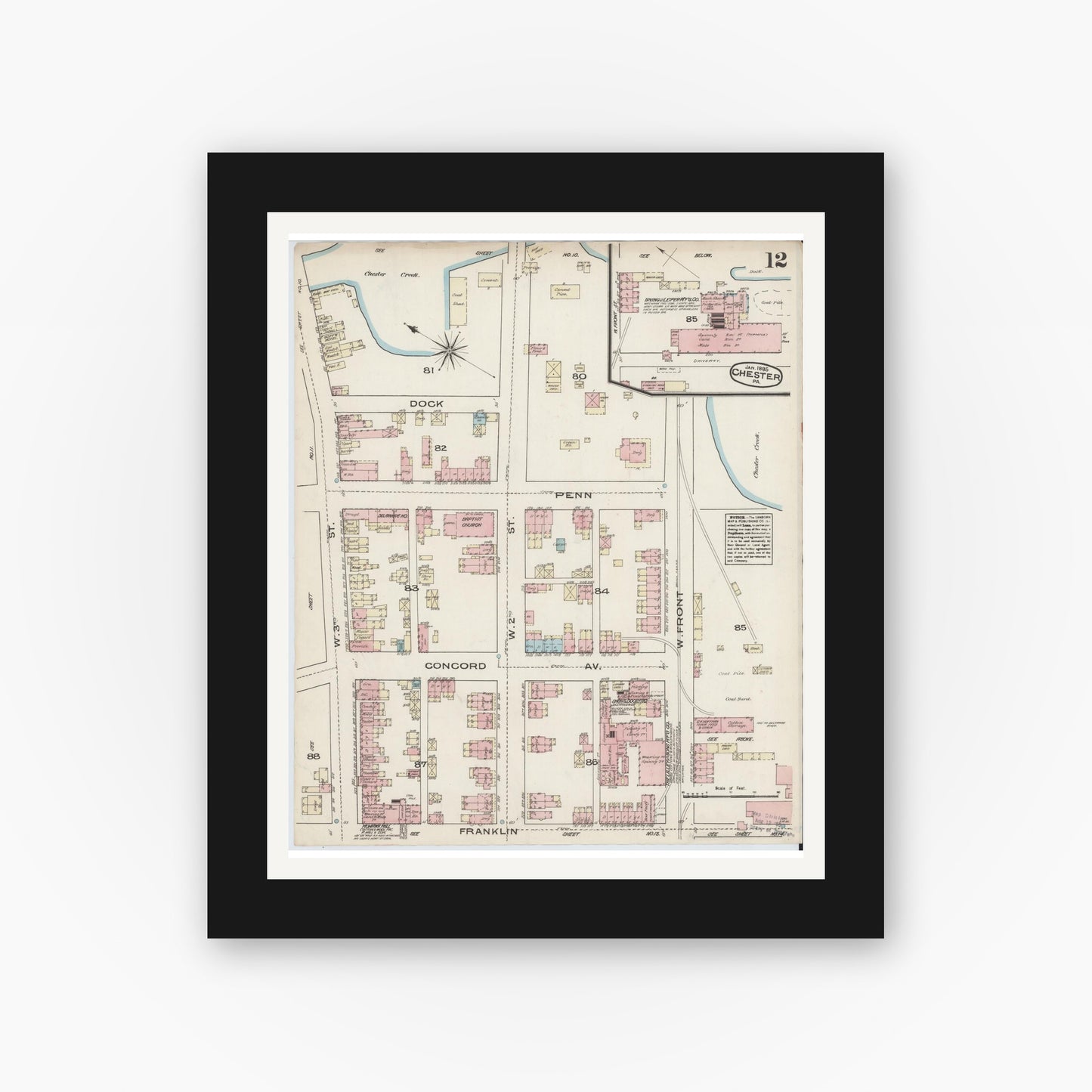Old map wall art mockup — black gallery frame with white mat — Sanborn Fire Insurance Map from Chester, Delaware County, Pennsylvania (1885), Sheet #0012