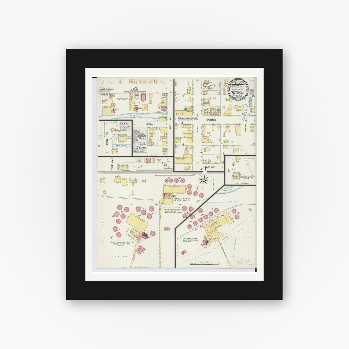 Old map wall art mockup — black gallery frame with white mat — Sanborn Fire Insurance Map from Malvern, Carroll County, Ohio (1899), Sheet #0001
