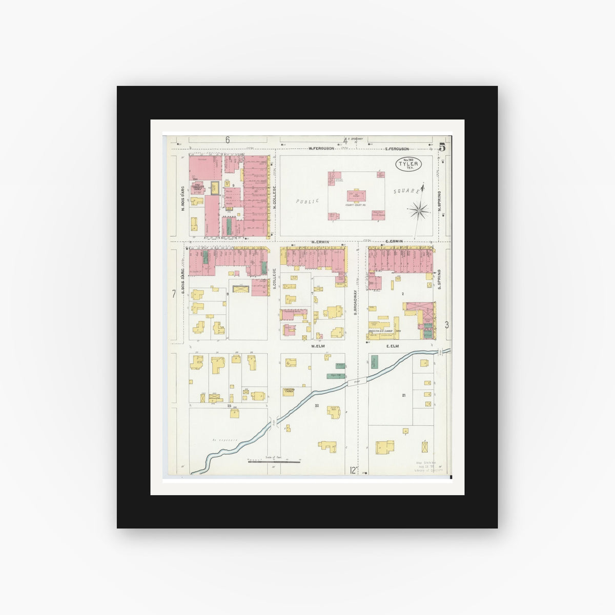 Old map wall art mockup — black gallery frame with white mat — Sanborn Fire Insurance Map from Tyler, Smith County, Texas (1902), Sheet #0005