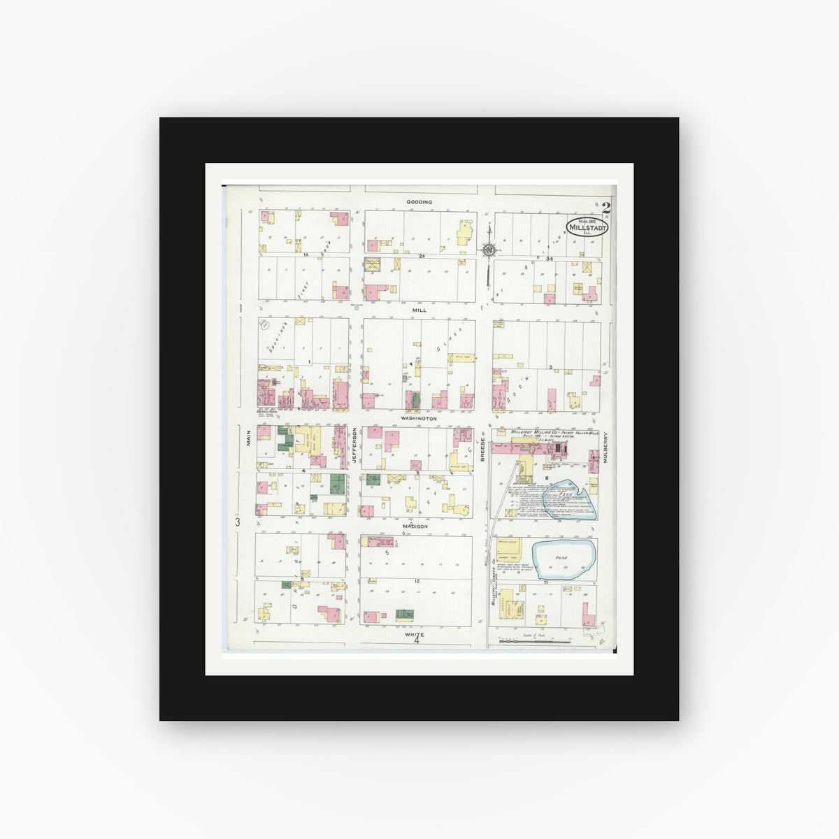 Old map wall art mockup — black gallery frame with white mat — Sanborn Fire Insurance Map from Millstadt, Saint Clair County, Illinois (1910), Sheet #0002