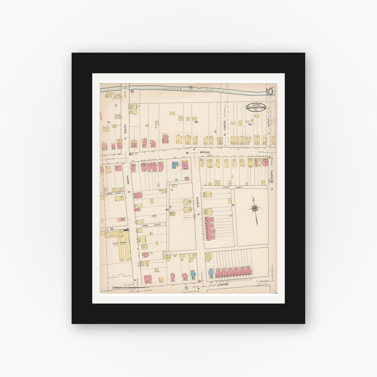 Old map wall art mockup — black gallery frame with white mat — Sanborn Fire Insurance Map from Quakertown, Bucks County, Pennsylvania (1922), Sheet #0010