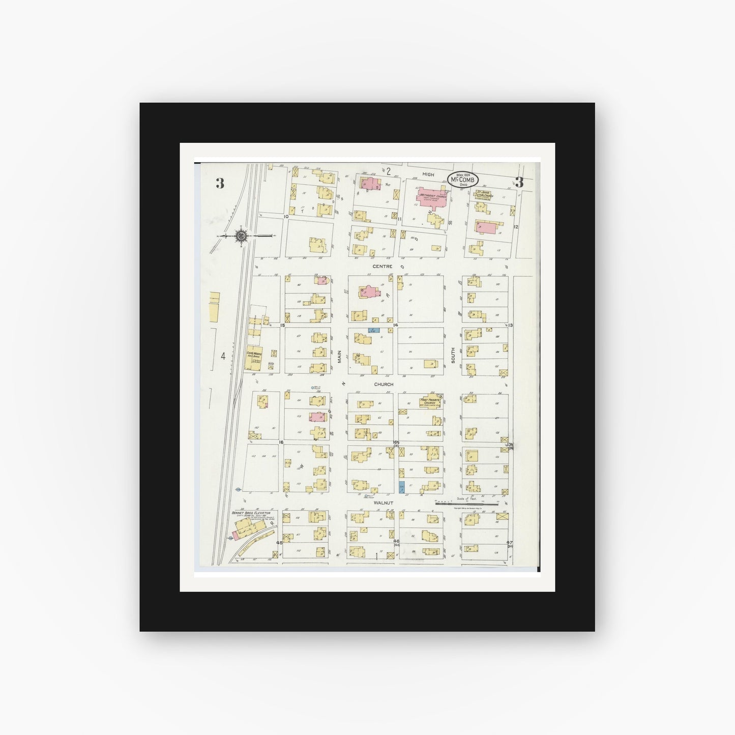 Old map wall art mockup — black gallery frame with white mat — Sanborn Fire Insurance Map from McComb, Hancock County, Ohio (1924), Sheet #0003