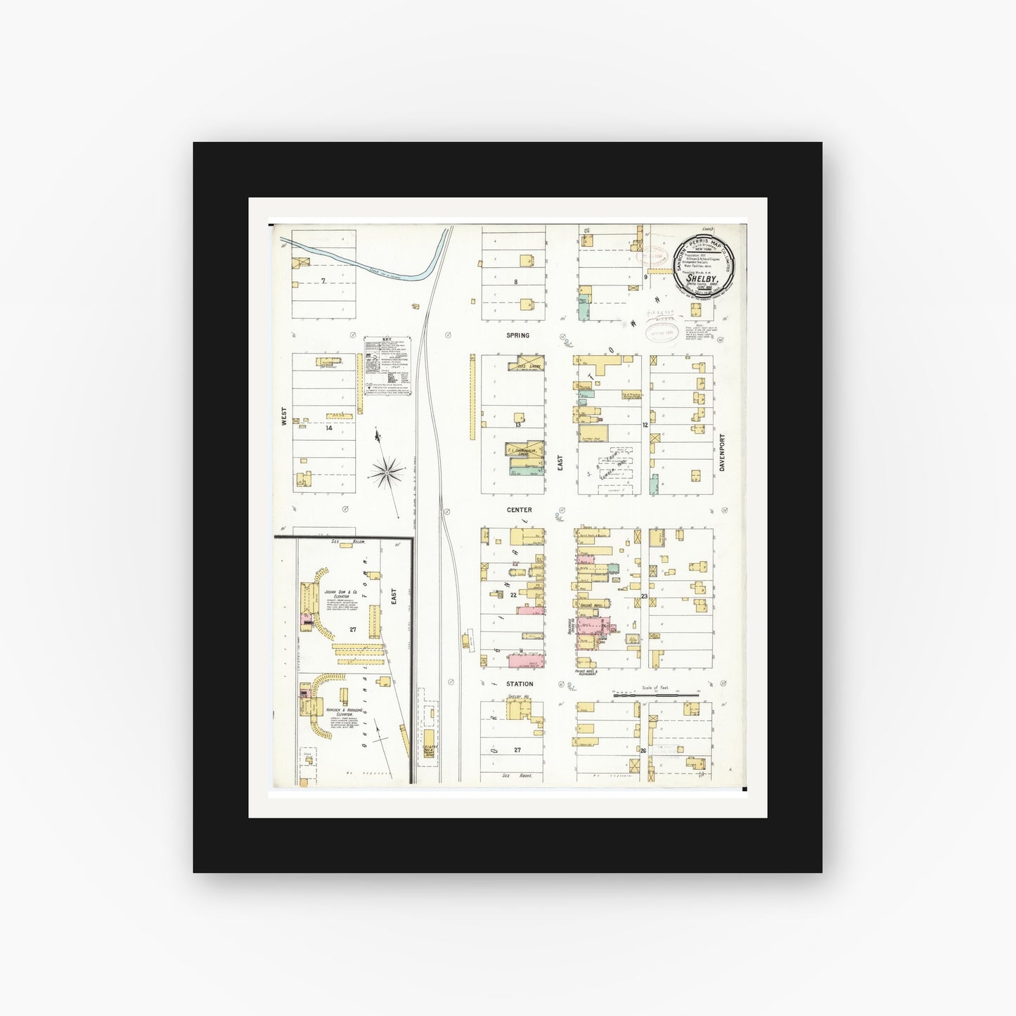 Old map wall art mockup — black gallery frame with white mat — Sanborn Fire Insurance Map from Shelby, Shelby County, Iowa (1899), Sheet #0001