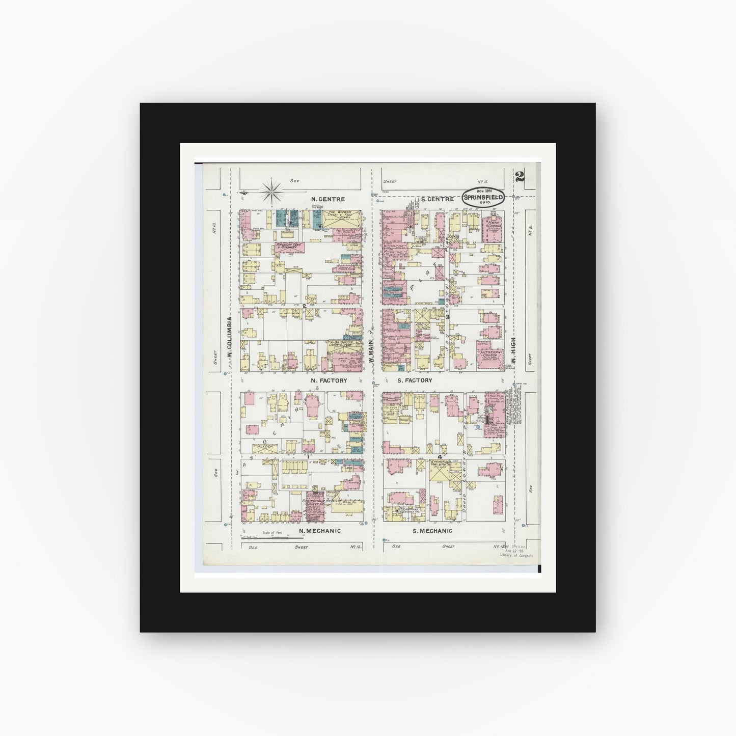 Old map wall art mockup — black gallery frame with white mat — Sanborn Fire Insurance Map from Springfield, Clark County, Ohio (1891), Sheet #0002