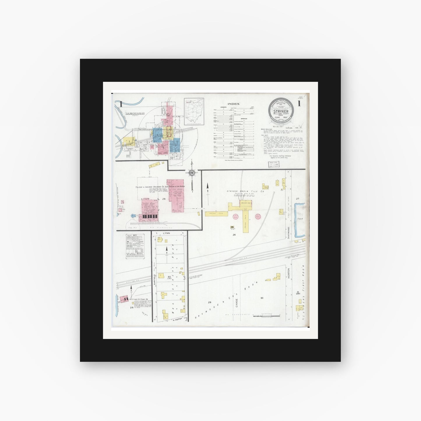 Old map wall art mockup — black gallery frame with white mat — Sanborn Fire Insurance Map from Stryker, Williams County, Ohio (1930) - Complete Map Set