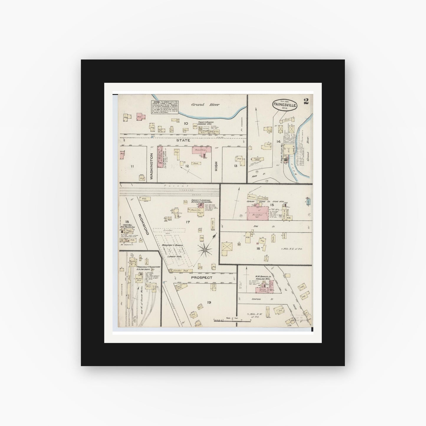 Old map wall art mockup — black gallery frame with white mat — Sanborn Fire Insurance Map from Painesville, Lake County, Ohio (1884), Sheet #0002