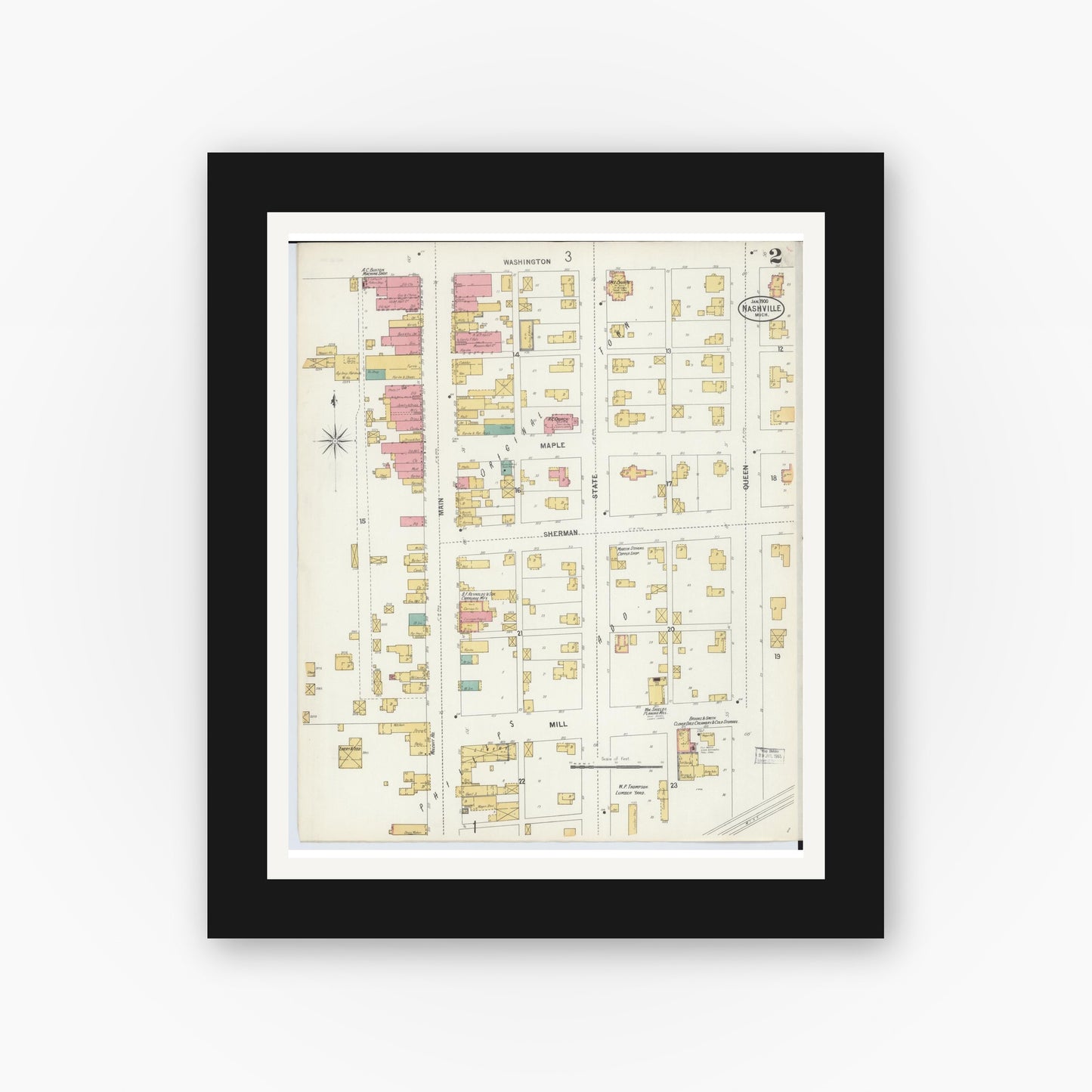 Old map wall art mockup — black gallery frame with white mat — Sanborn Fire Insurance Map from Nashville, Barry County, Michigan (1900), Sheet #0002