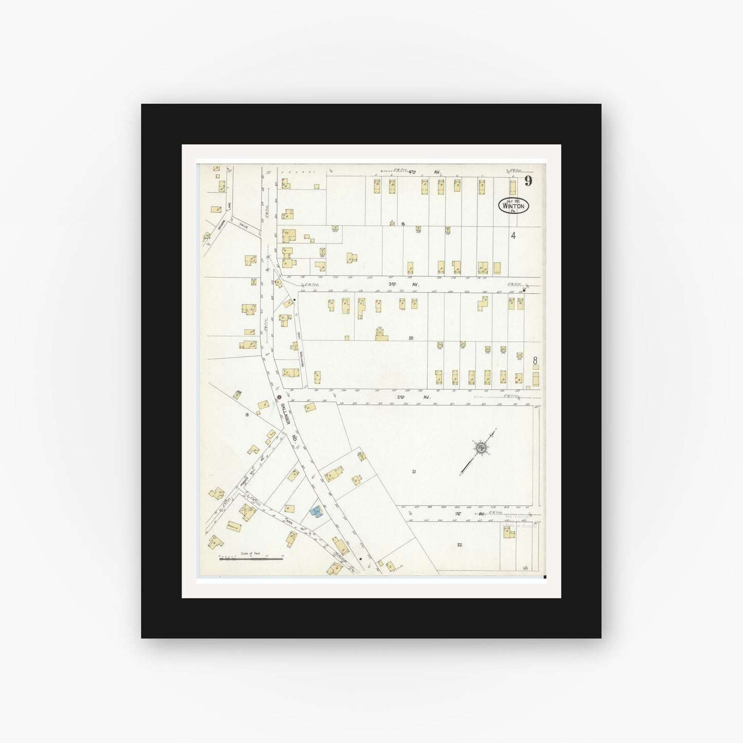 Old map wall art mockup — black gallery frame with white mat — Sanborn Fire Insurance Map from Winton, Lackawanna County, Pennsylvania (1912), Sheet #0009
