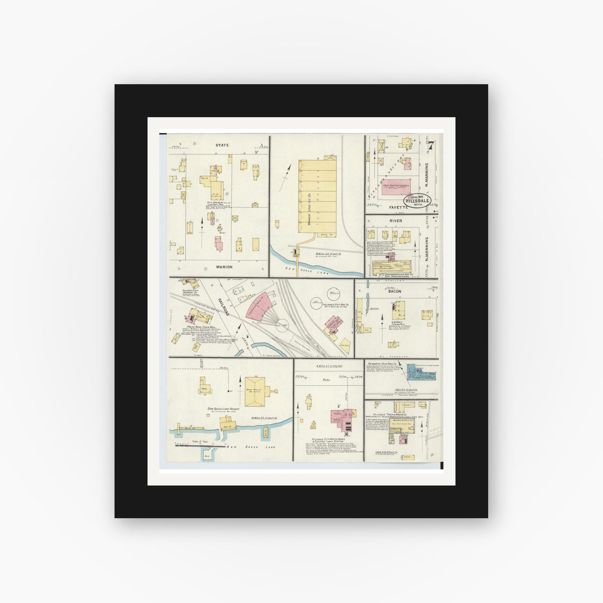 Old map wall art mockup — black gallery frame with white mat — Sanborn Fire Insurance Map from Hillsdale, Hillsdale County, Michigan (1907), Sheet #0007