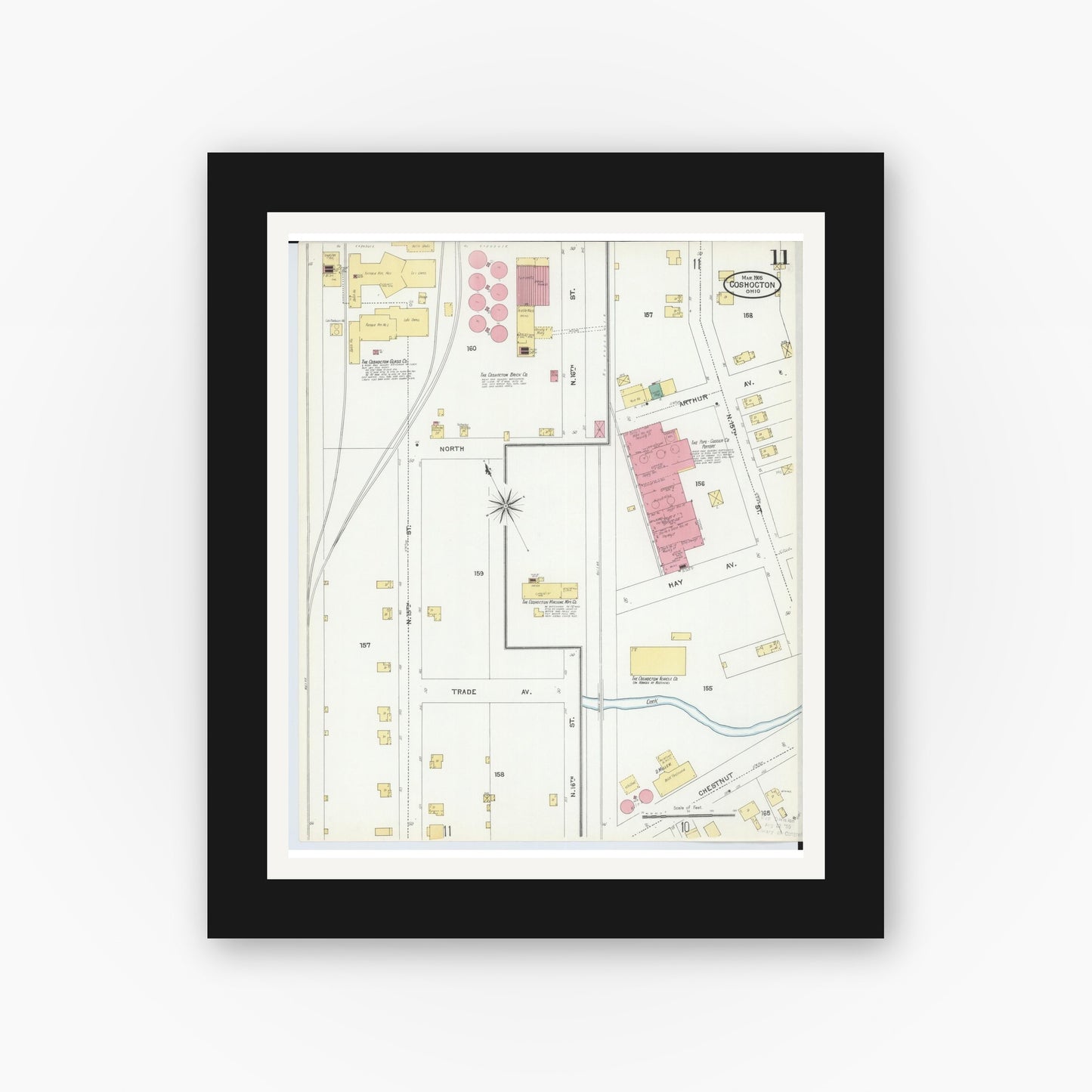 Old map wall art mockup — black gallery frame with white mat — Sanborn Fire Insurance Map from Coshocton, Coshocton County, Ohio (1905), Sheet #0011