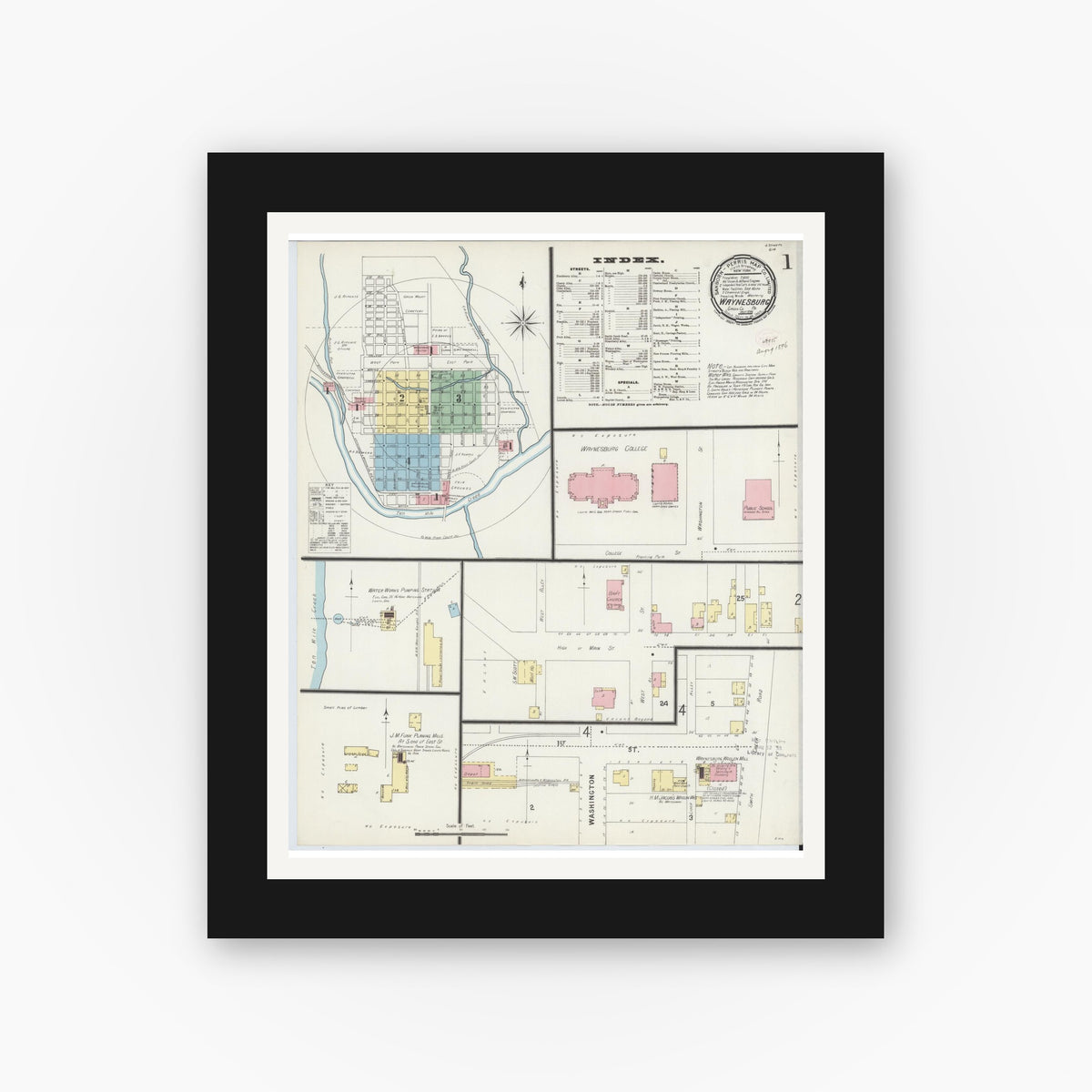 Old map wall art mockup — black gallery frame with white mat — Sanborn Fire Insurance Map from Waynesburg, Greene County, Pennsylvania (1896), Sheet #0001