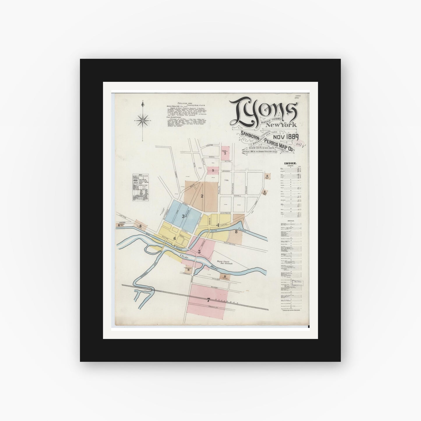Old map wall art mockup — black gallery frame with white mat — Sanborn Fire Insurance Map from Lyons, Wayne County, New York (1889) - Complete Map Set