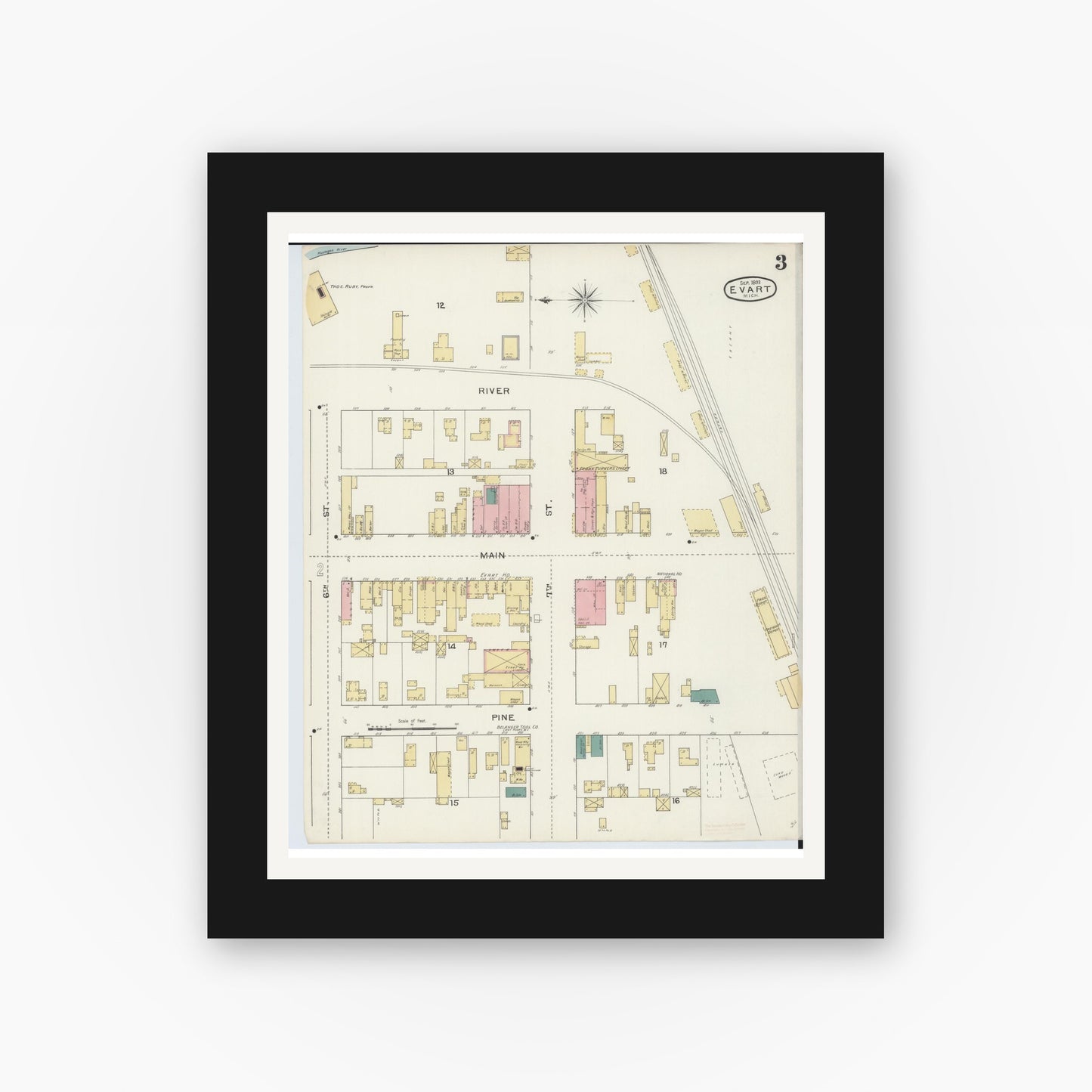 Old map wall art mockup — black gallery frame with white mat — Sanborn Fire Insurance Map from Evart, Osceola County, Michigan (1893), Sheet #0003