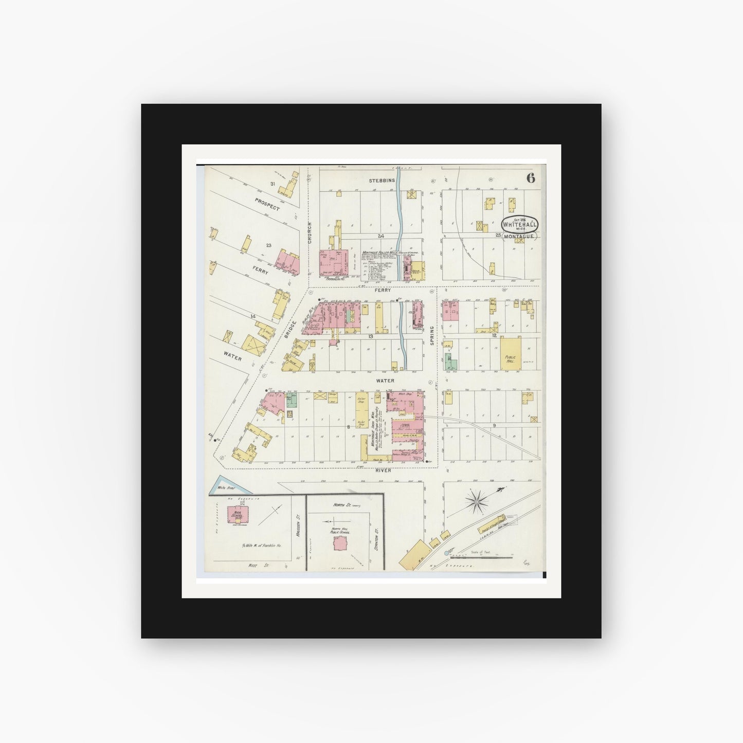Old map wall art mockup — black gallery frame with white mat — Sanborn Fire Insurance Map from Whitehall, Muskegon County, Michigan (1896), Sheet #0006