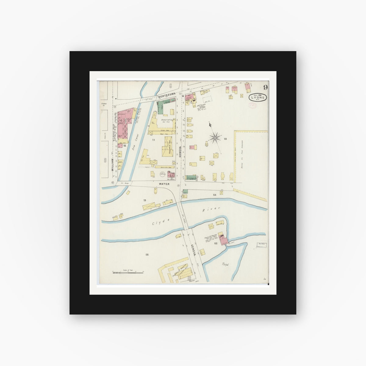 Old map wall art mockup — black gallery frame with white mat — Sanborn Fire Insurance Map from Lyons, Wayne County, New York (1894), Sheet #0009