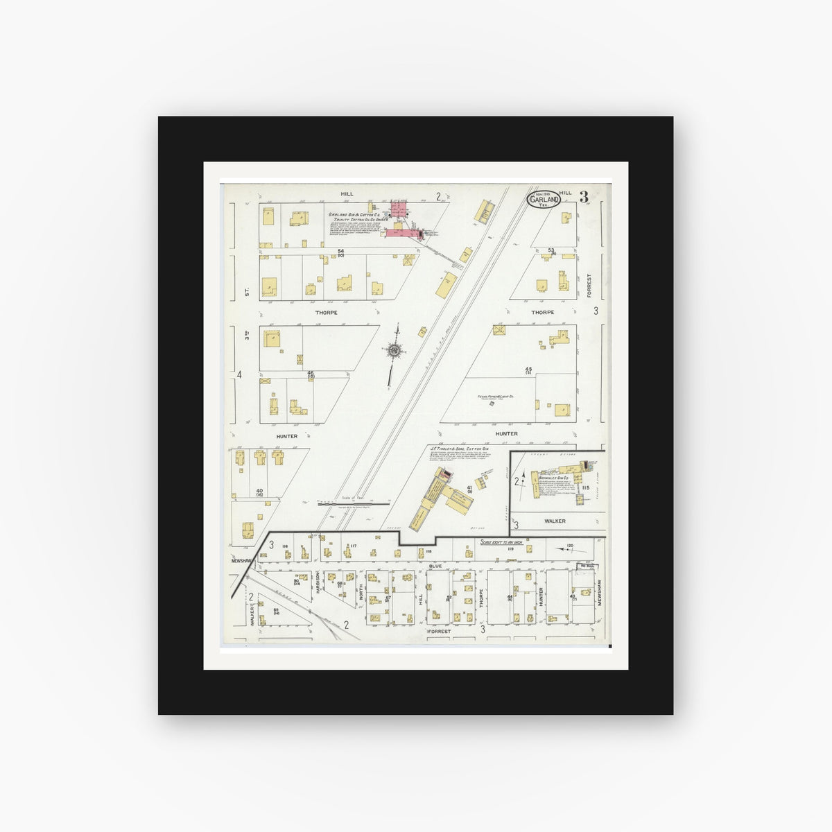 Old map wall art mockup — black gallery frame with white mat — Sanborn Fire Insurance Map from Garland, Dallas County, Texas (1919), Sheet #0003