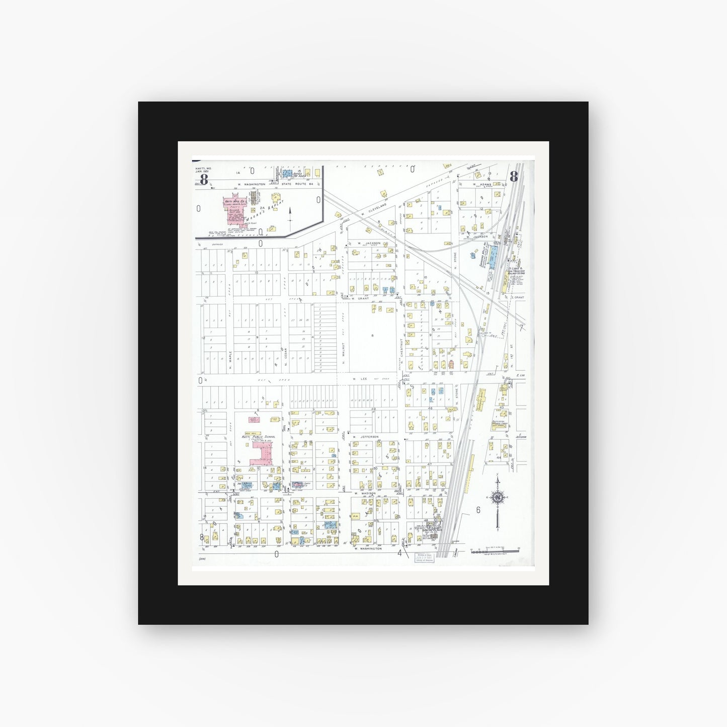 Old map wall art mockup — black gallery frame with white mat — Sanborn Fire Insurance Map from Hayti, Pemiscot County, Missouri (1951), Sheet #0008