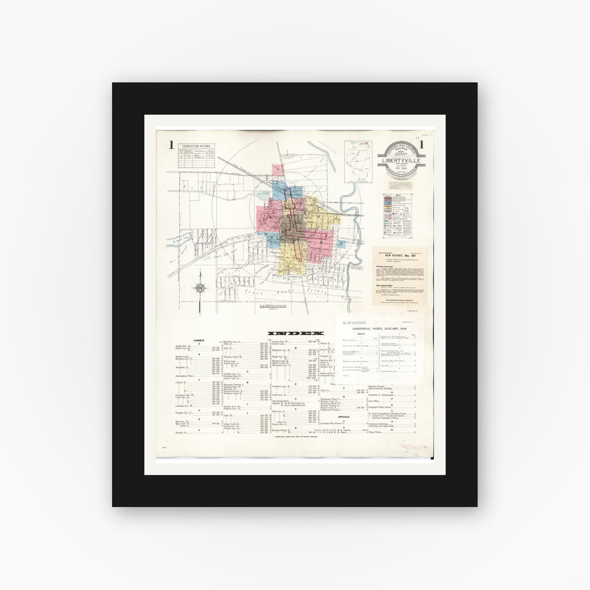 Old map wall art mockup — black gallery frame with white mat — Sanborn Fire Insurance Map from Libertyville, Lake County, Illinois (1948), Sheet #0001
