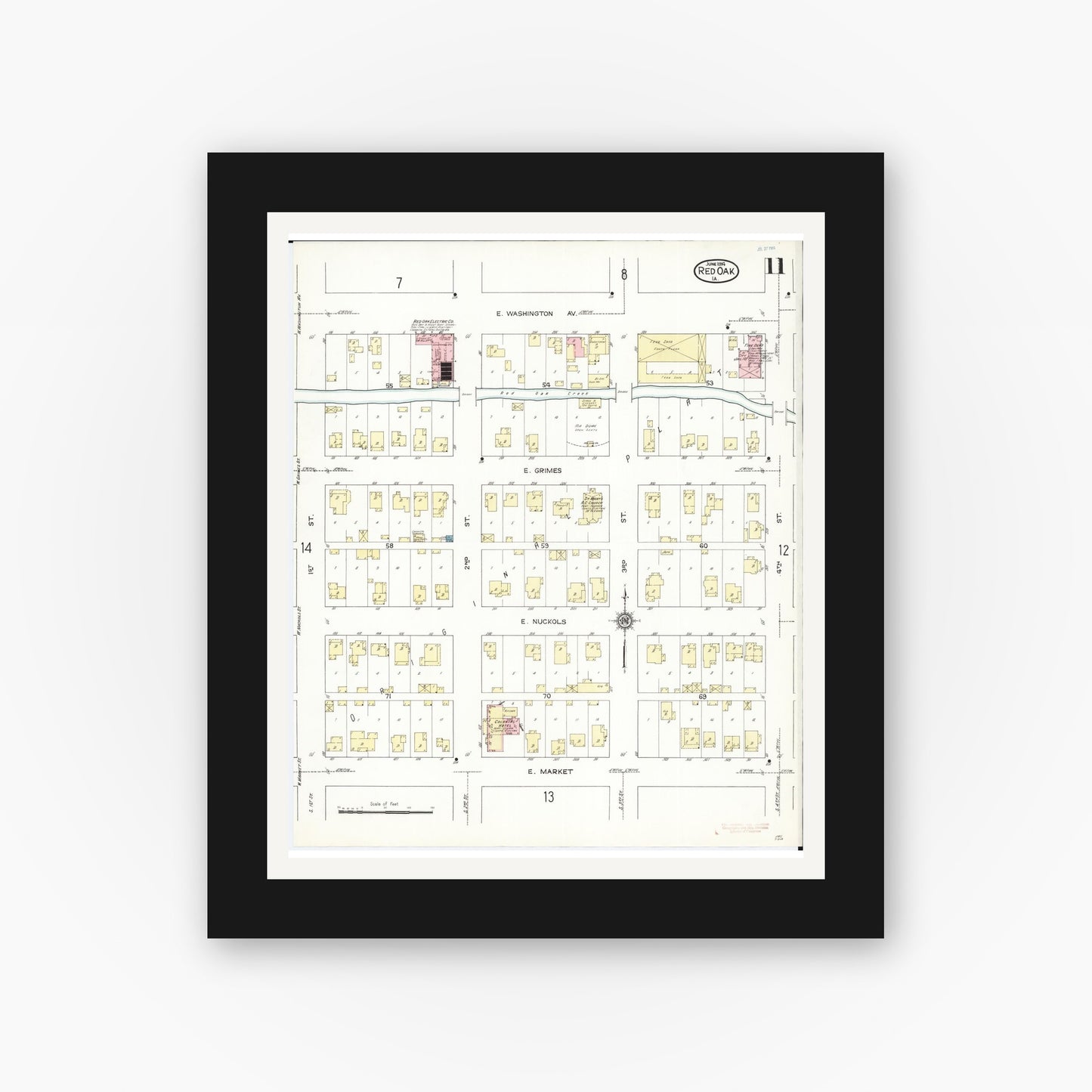 Old map wall art mockup — black gallery frame with white mat — Sanborn Fire Insurance Map from Red Oak, Montgomery County, Iowa (1914), Sheet #0011