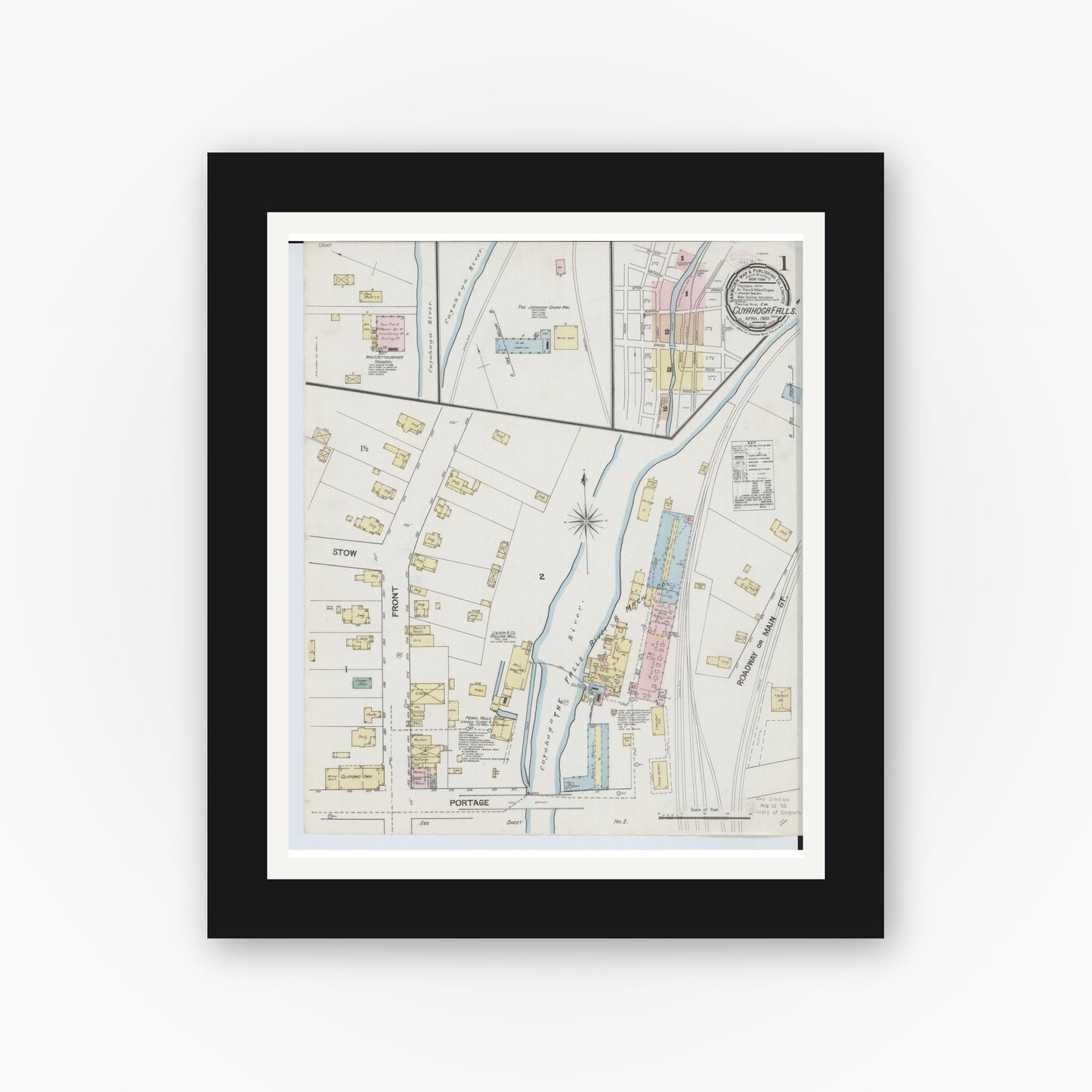 Old map wall art mockup β black gallery frame with white mat β Sanborn Fire Insurance Map from Cuyahoga Falls, Summit County, Ohio (1889) - Complete Map Set