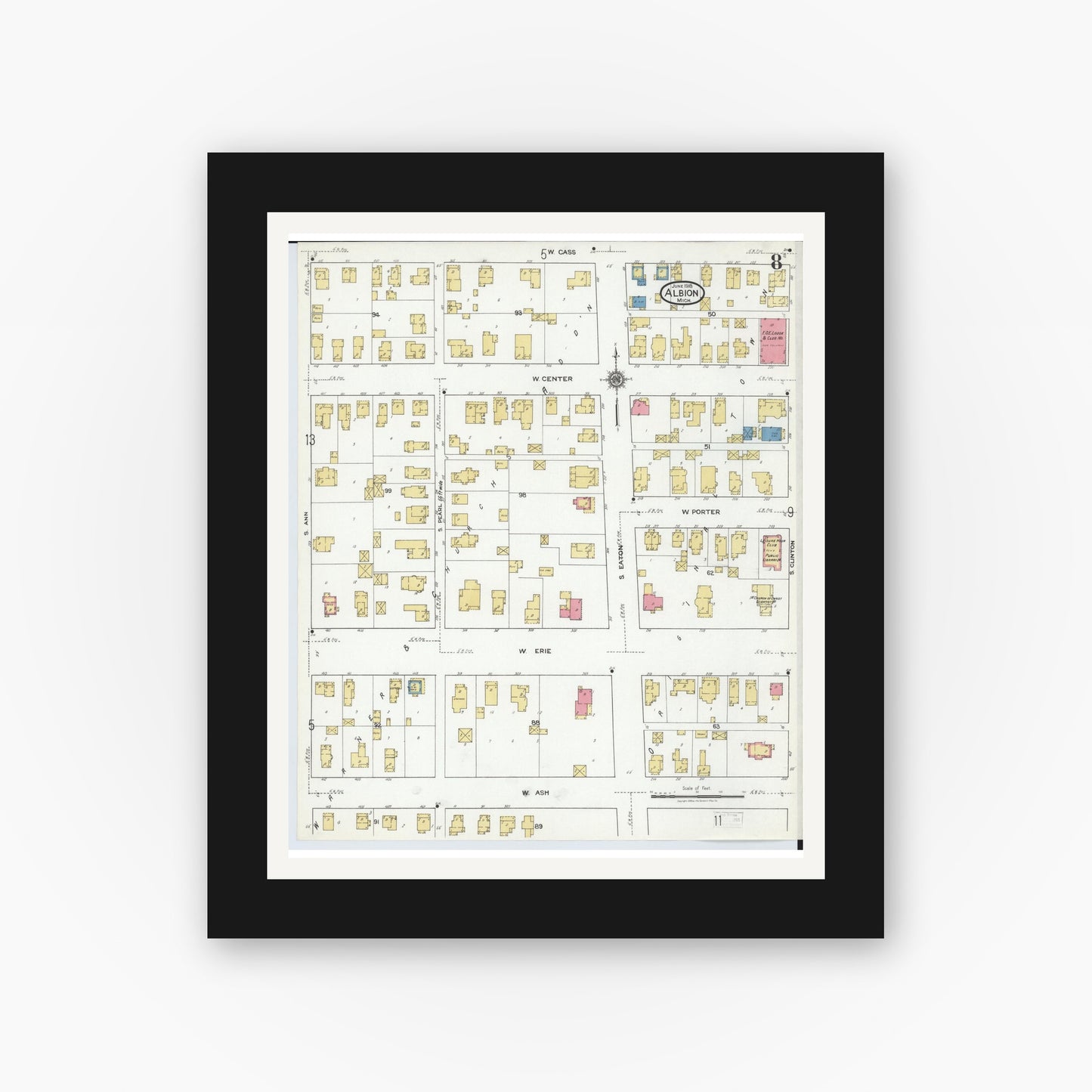 Old map wall art mockup — black gallery frame with white mat — Sanborn Fire Insurance Map from Albion, Calhoun County, Michigan (1918), Sheet #0008