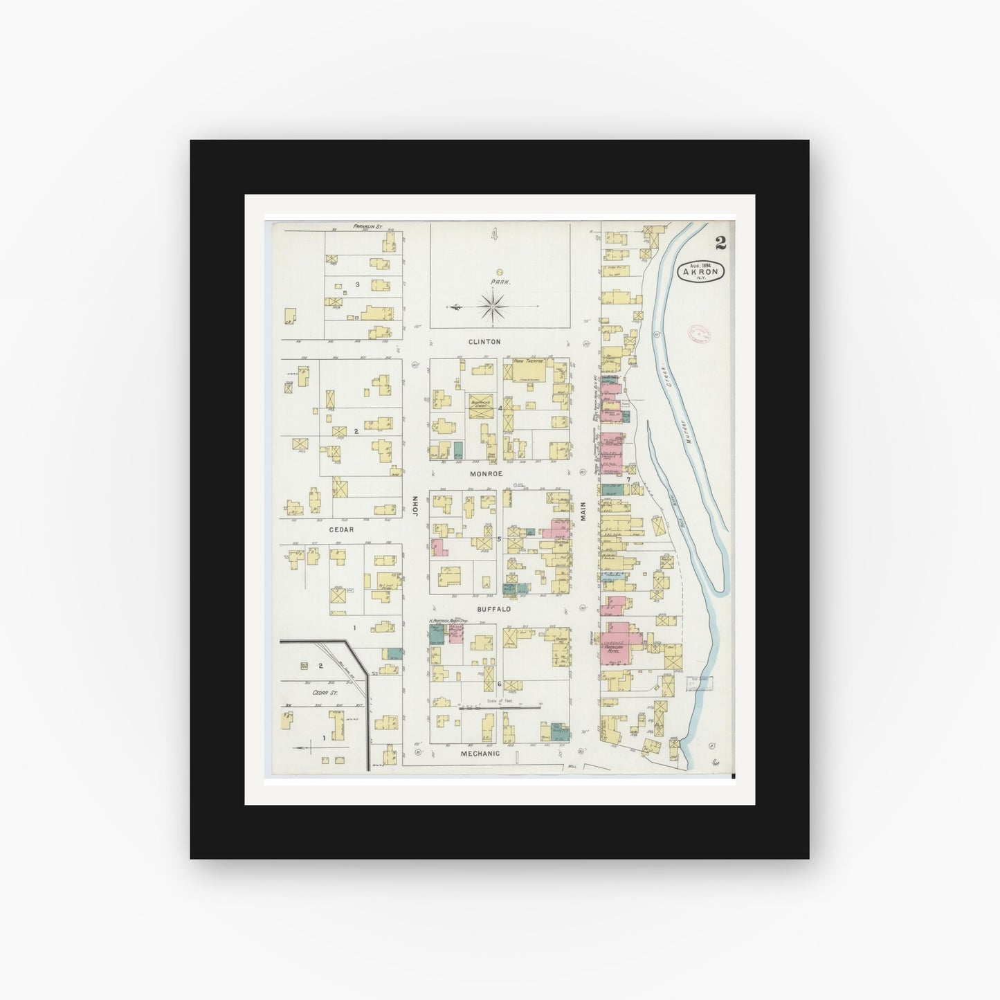Old map wall art mockup — black gallery frame with white mat — Sanborn Fire Insurance Map from Akron, Erie County, New York (1894), Sheet #0002