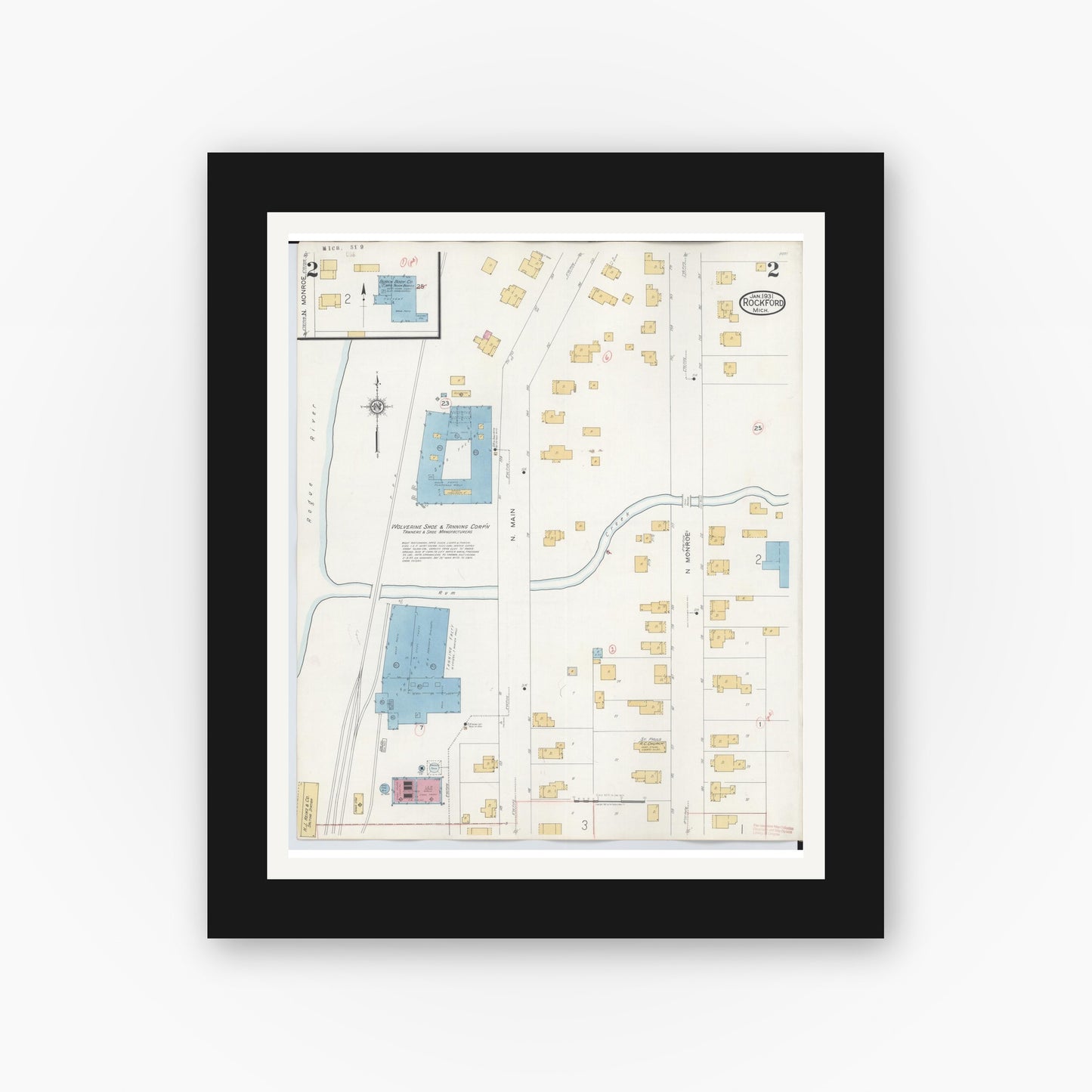 Old map wall art mockup — black gallery frame with white mat — Sanborn Fire Insurance Map from Rockford, Kent County, Michigan (1931), Sheet #0002