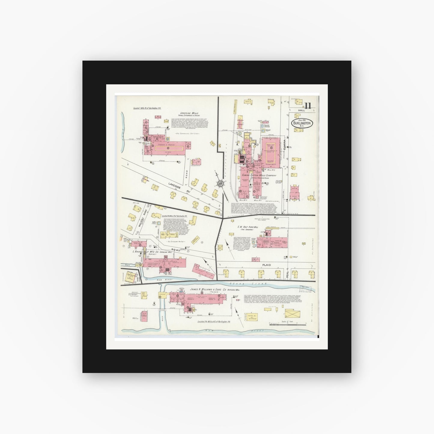 Old map wall art mockup — black gallery frame with white mat — Sanborn Fire Insurance Map from Burlington, Alamance County, North Carolina (1913), Sheet #0011