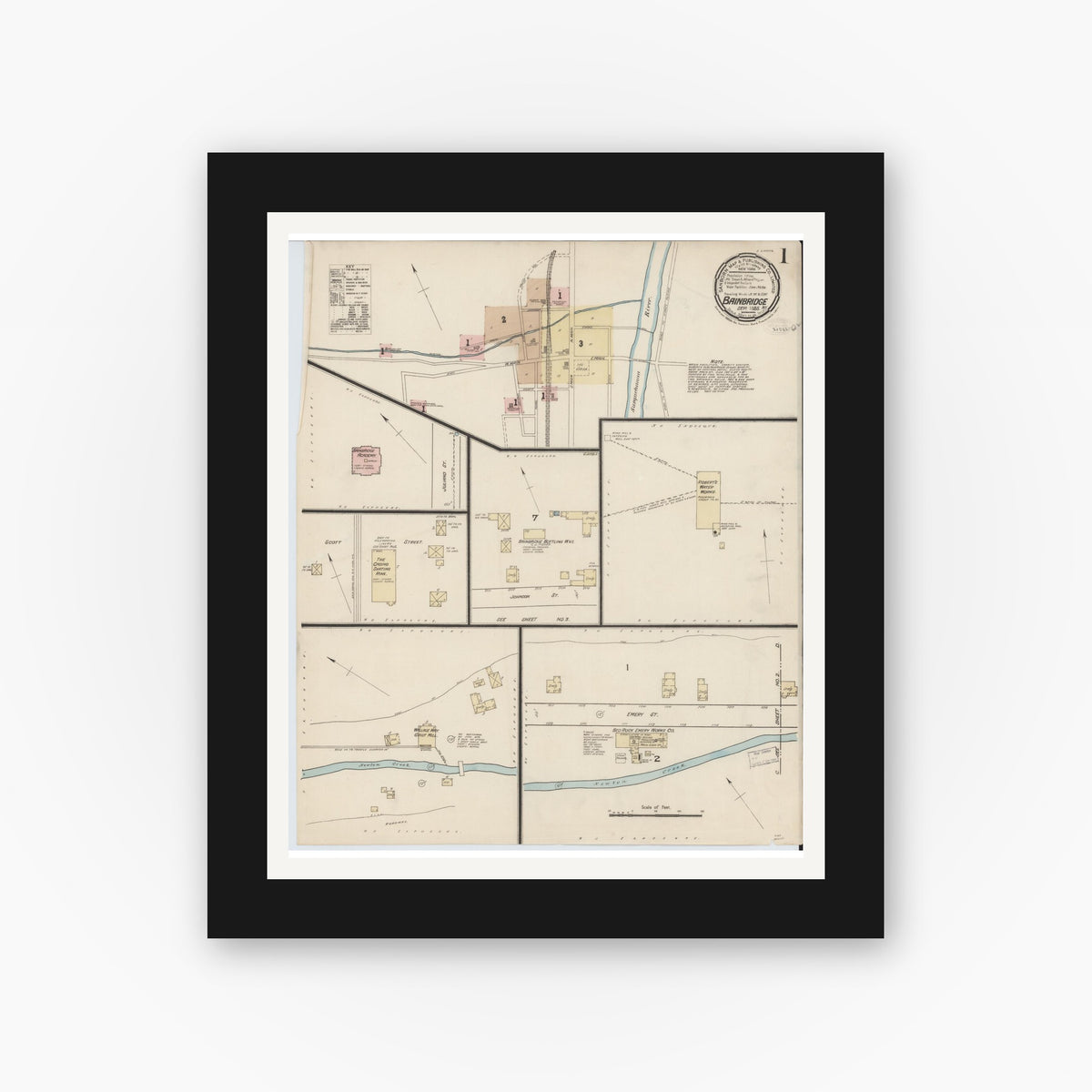 Old map wall art mockup — black gallery frame with white mat — Sanborn Fire Insurance Map from Bainbridge, Chenango County, New York (1885), Sheet #0001