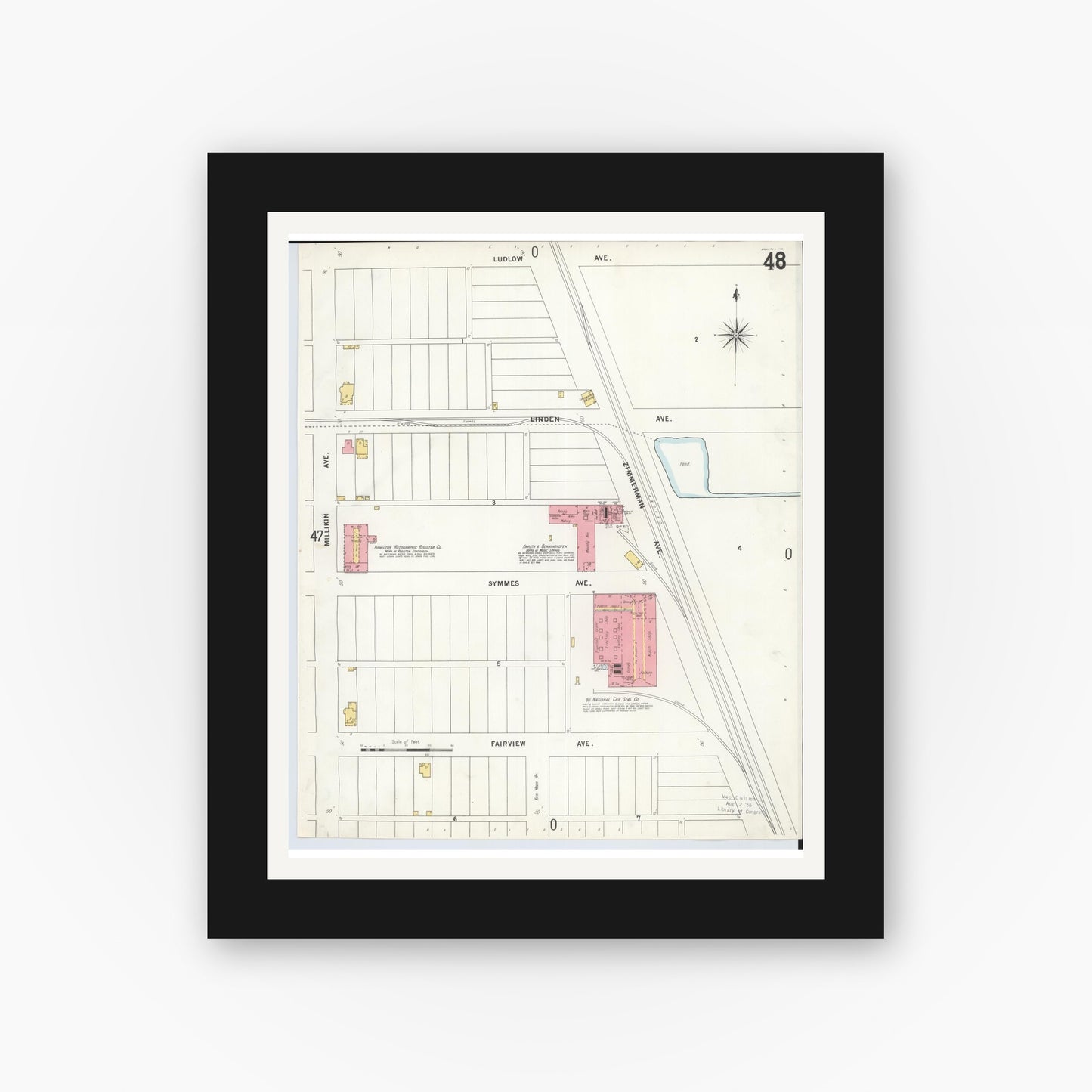 Old map wall art mockup — black gallery frame with white mat — Sanborn Fire Insurance Map from Hamilton, Butler County, Ohio (1899), Sheet #0048