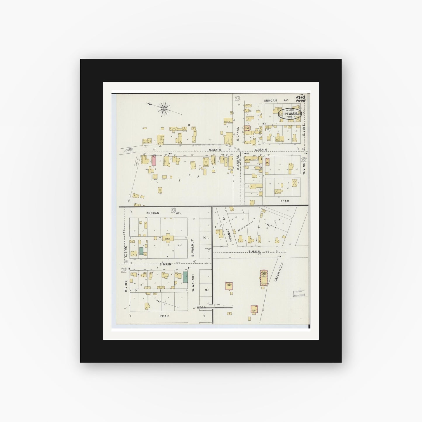 Old map wall art mockup — black gallery frame with white mat — Sanborn Fire Insurance Map from Chippewa Falls, Chippewa County, Wisconsin (1895), Sheet #0022